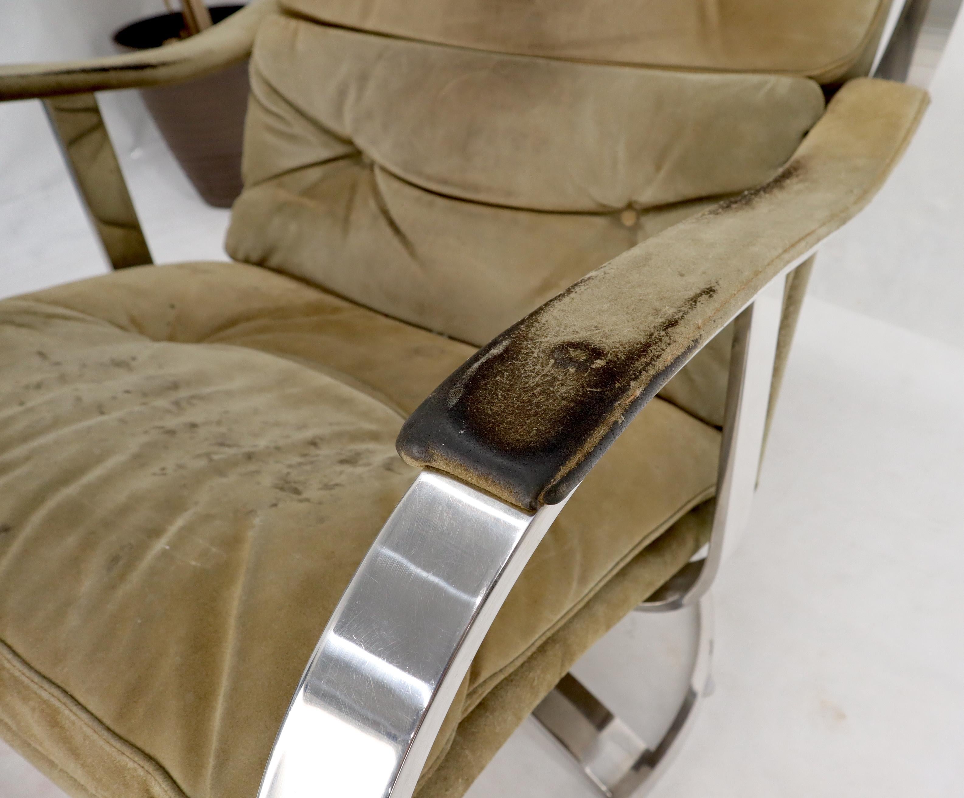 20th Century Heavy Gage Polished Stainless Steel Swivel Base Suede Upholstery Lounge Chair For Sale