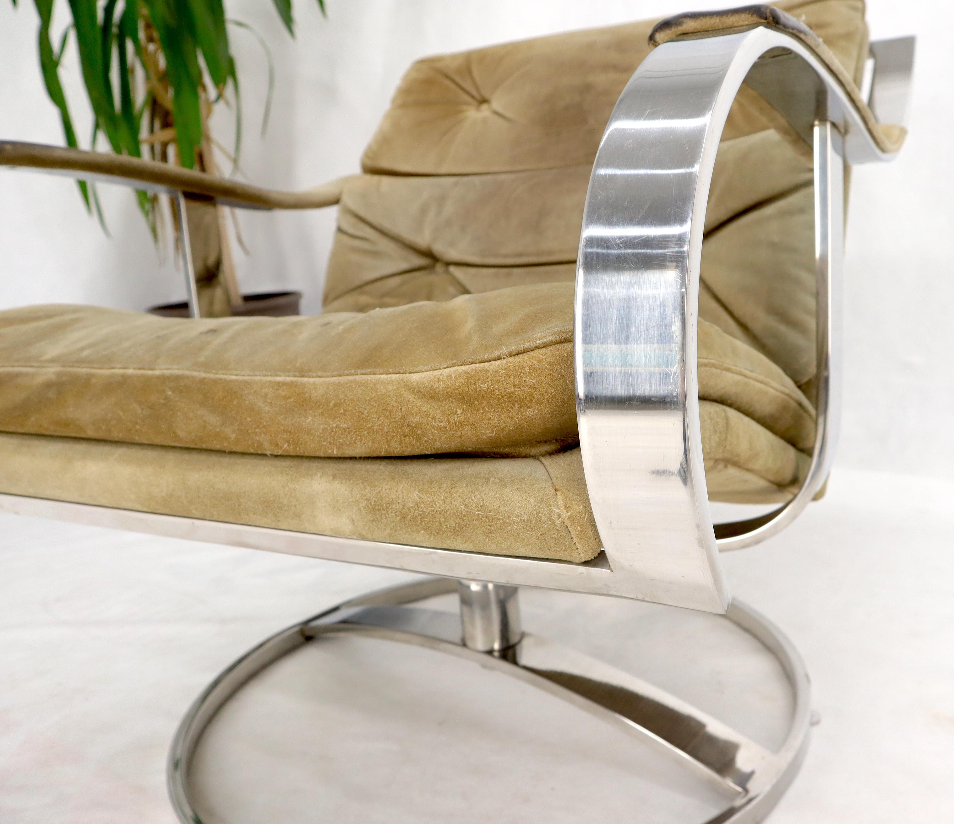 Heavy Gage Polished Stainless Steel Swivel Base Suede Upholstery Lounge Chair For Sale 1