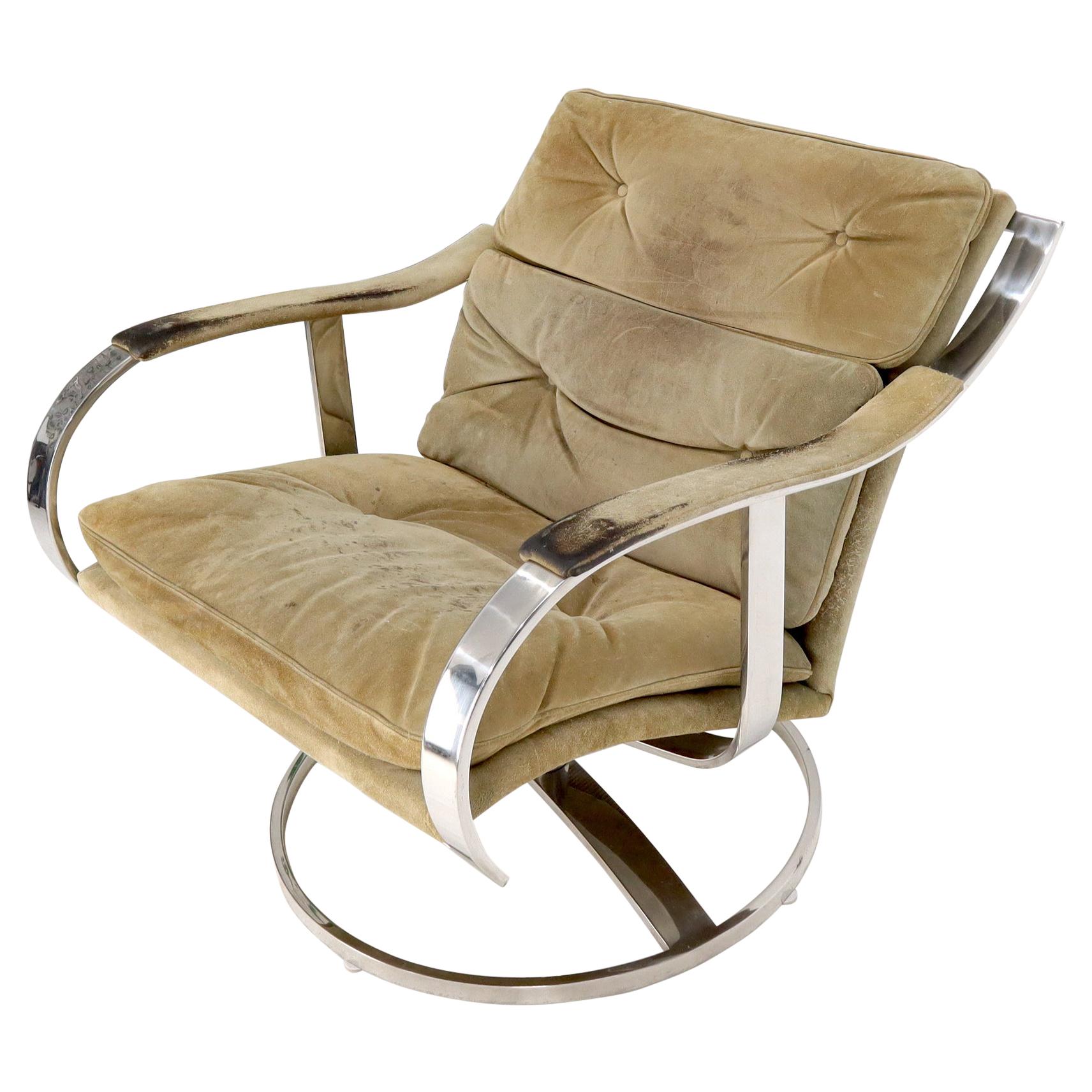 Heavy Gage Polished Stainless Steel Swivel Base Suede Upholstery Lounge Chair For Sale