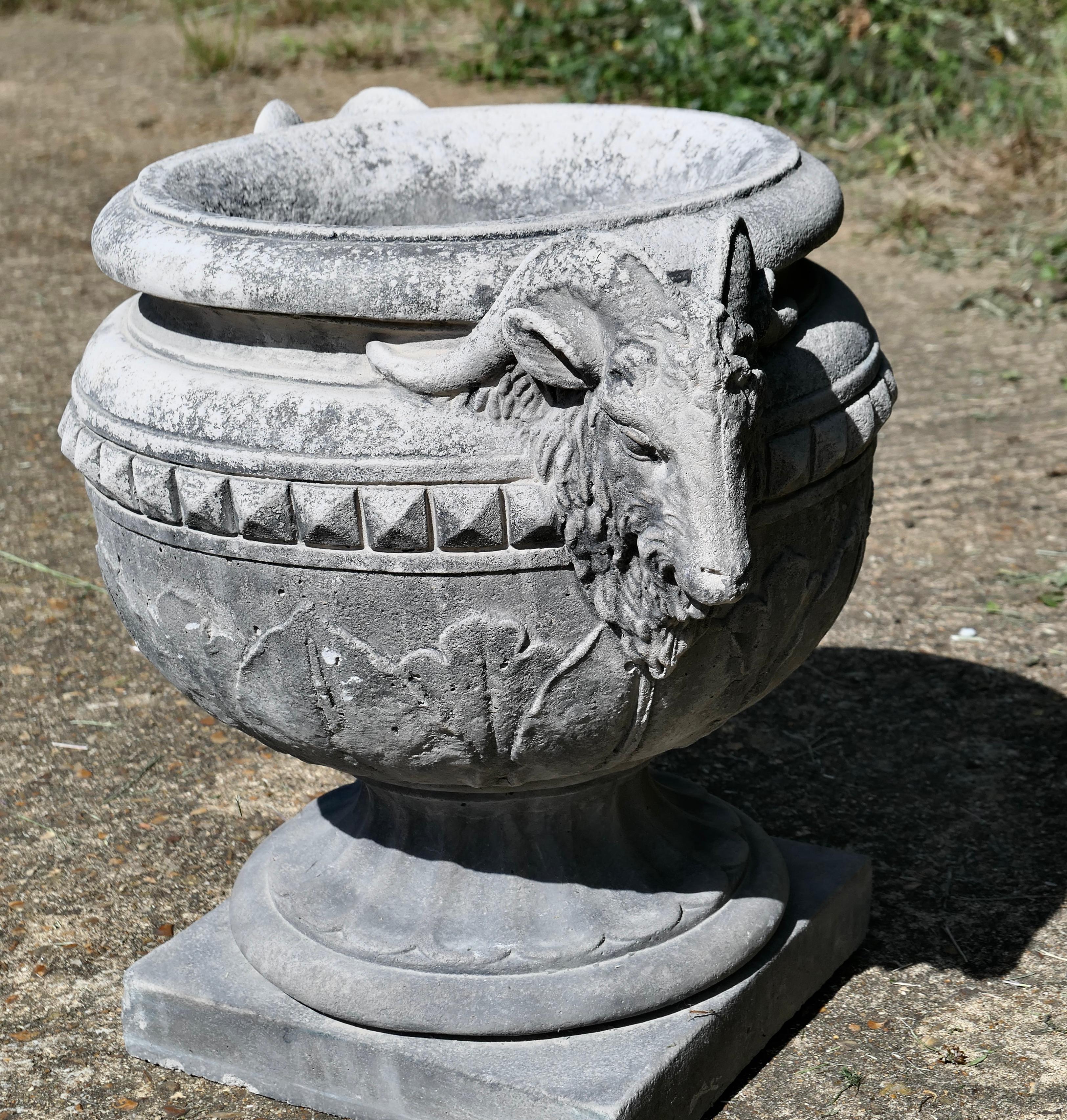 20th Century Heavy Garden Urn Ram’s Head Planter For Sale