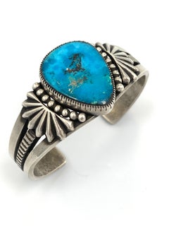 Heavy Gauge Sterling Silver Cuff with Morenci Turquoise by Sammie Kescoli Begay