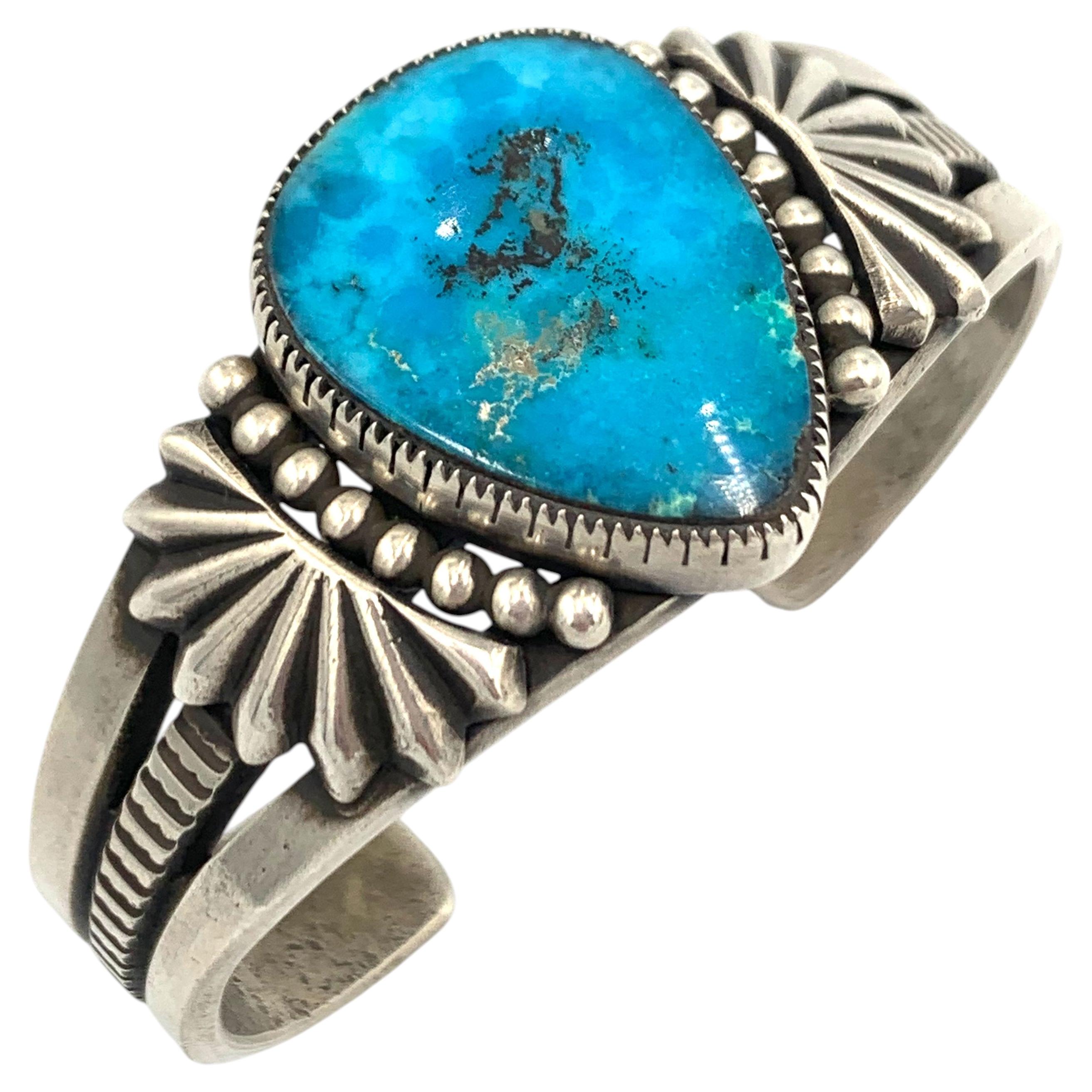 Heavy Gauge Sterling Silver Cuff with Morenci Turquoise by Sammie Kescoli Begay