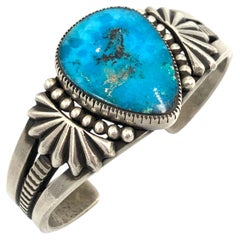 Heavy Gauge Sterling Silver Cuff with Morenci Turquoise by Sammie Kescoli Begay