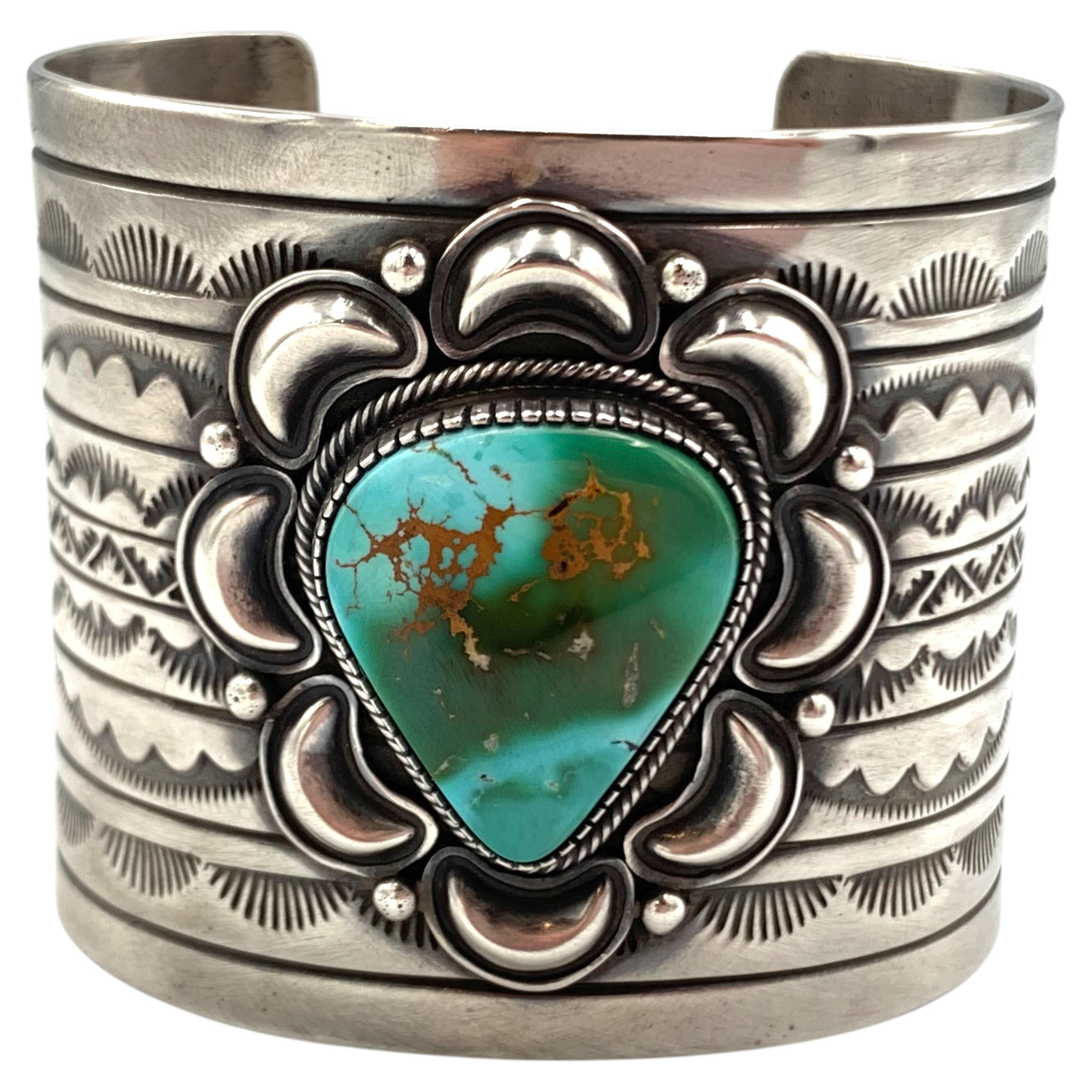 Heavy Gauge Sterling Silver Cuff with Royston Turquoise by Ray Bennett For Sale
