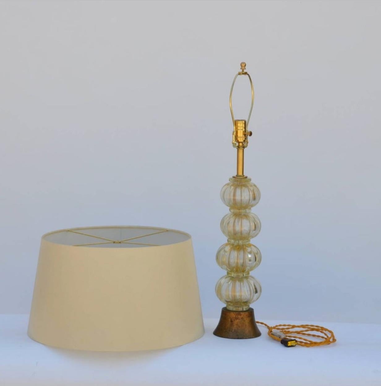 Modern Heavy Gilt Murano Glass Stem Lamp with Custom Silk Shade For Sale