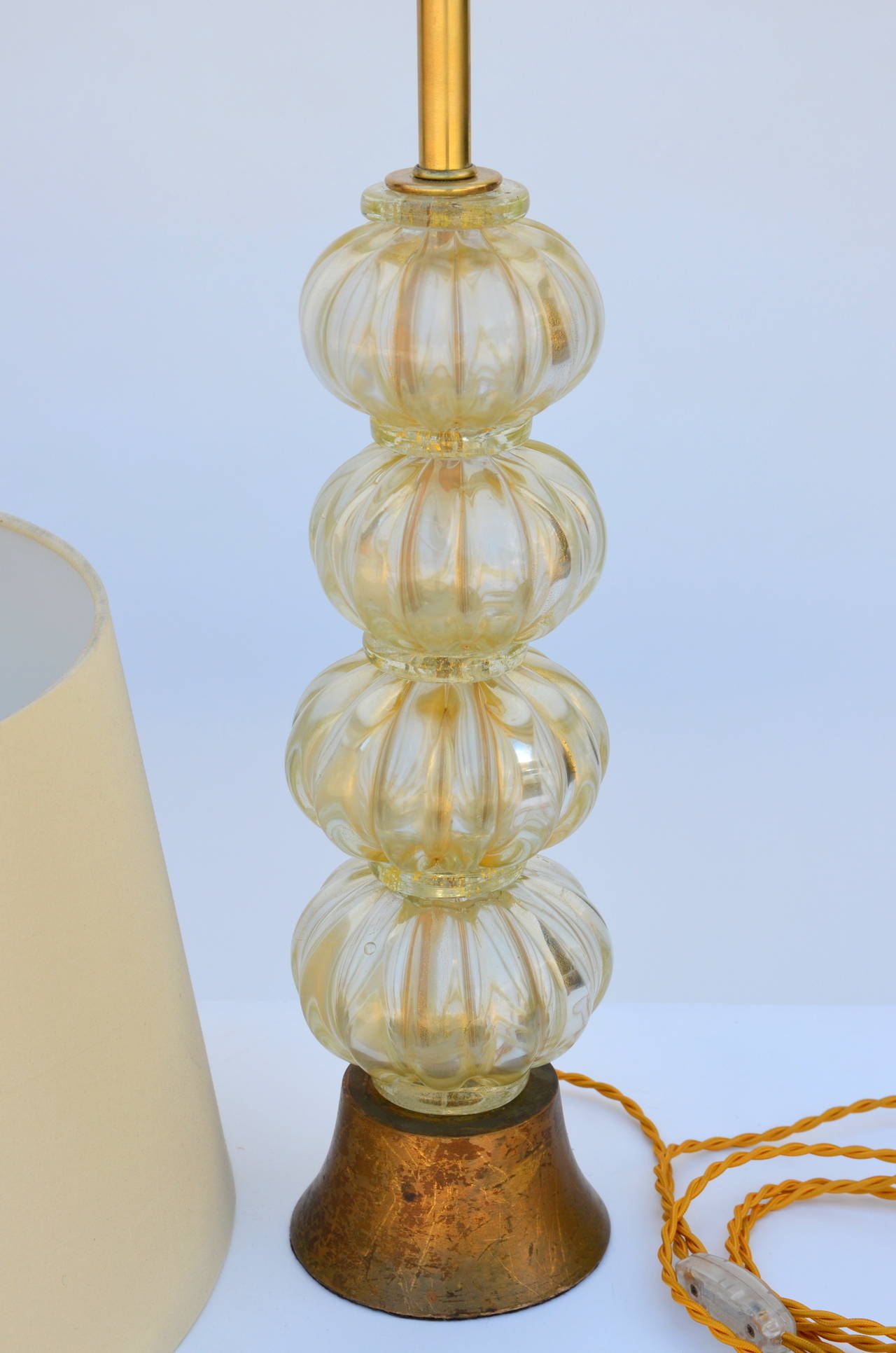 Italian Heavy Gilt Murano Glass Stem Lamp with Custom Silk Shade For Sale