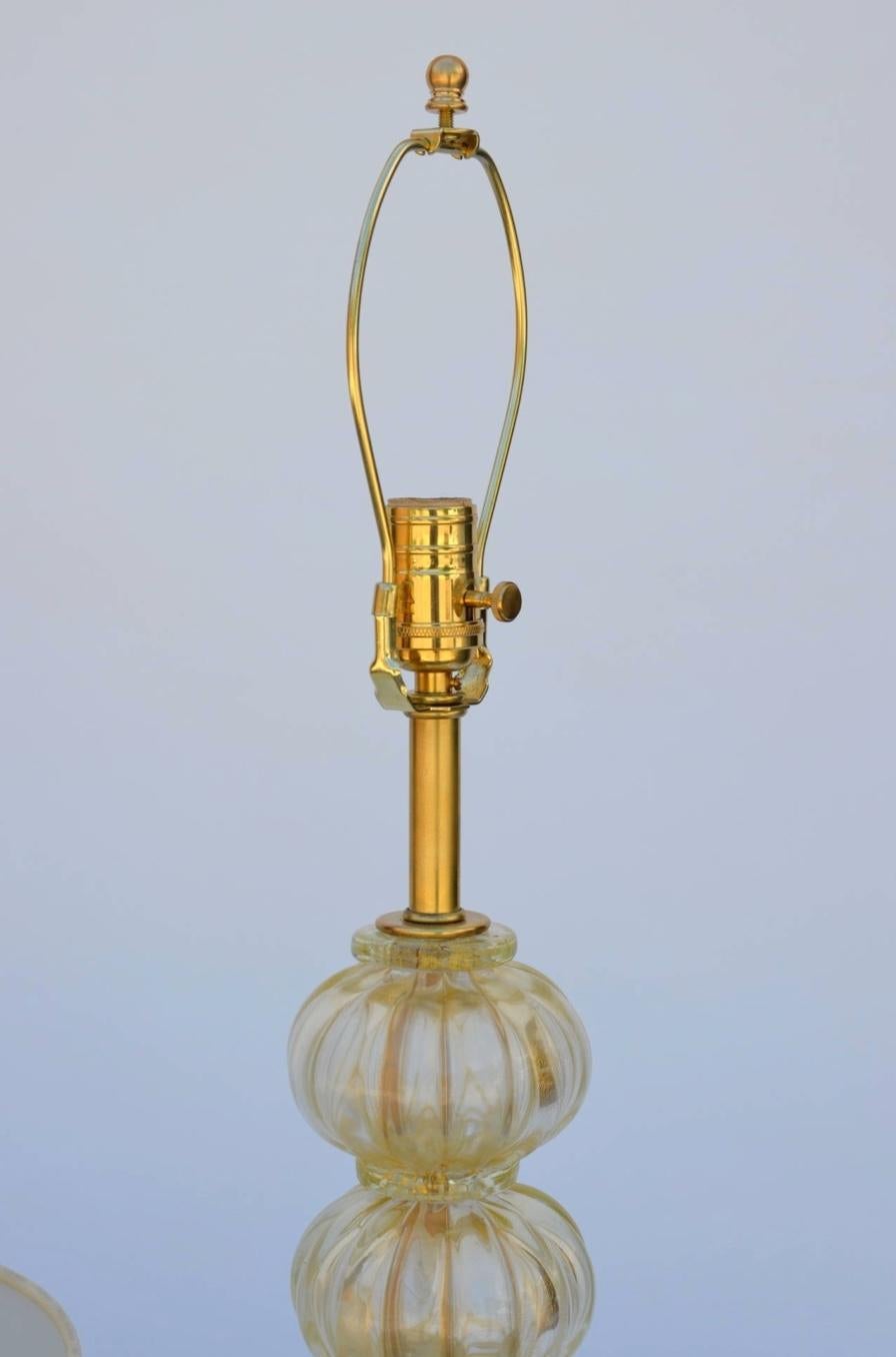 Heavy Gilt Murano Glass Stem Lamp with Custom Silk Shade In Good Condition For Sale In Los Angeles, CA