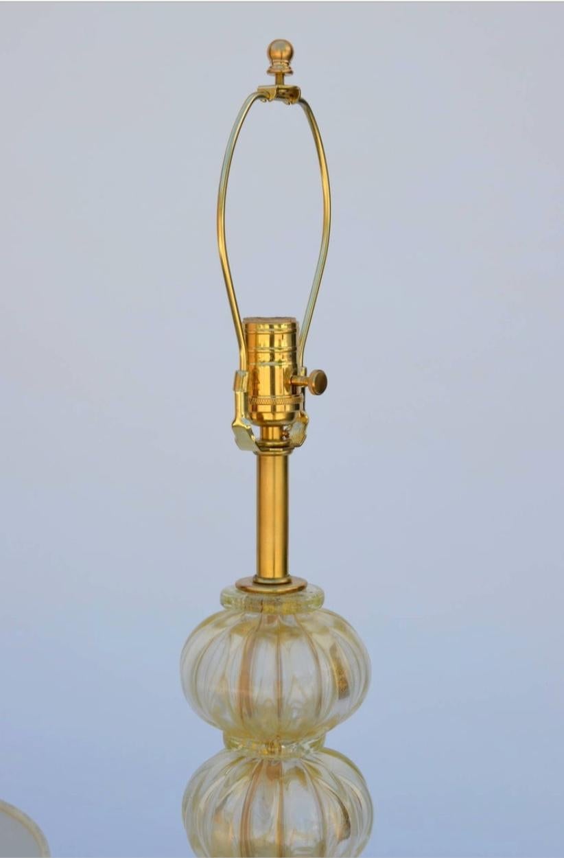 Heavy Gilt Murano Glass Stem Lamp with Custom Silk Shade In Good Condition For Sale In Los Angeles, CA