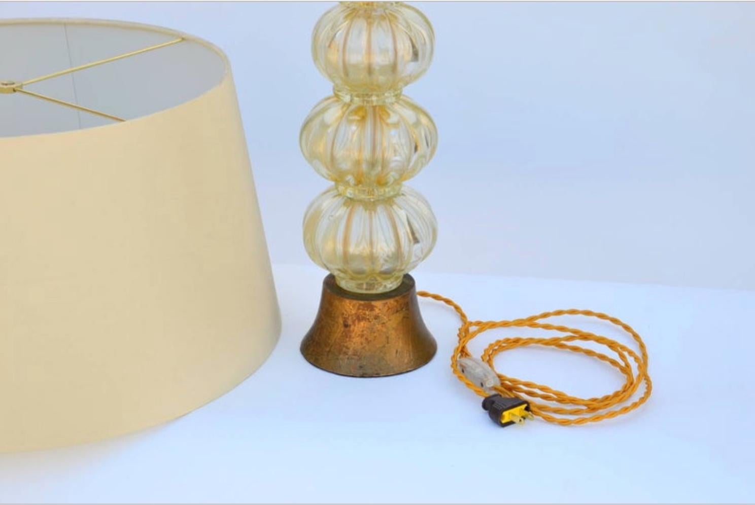 Mid-20th Century Heavy Gilt Murano Glass Stem Lamp with Custom Silk Shade For Sale