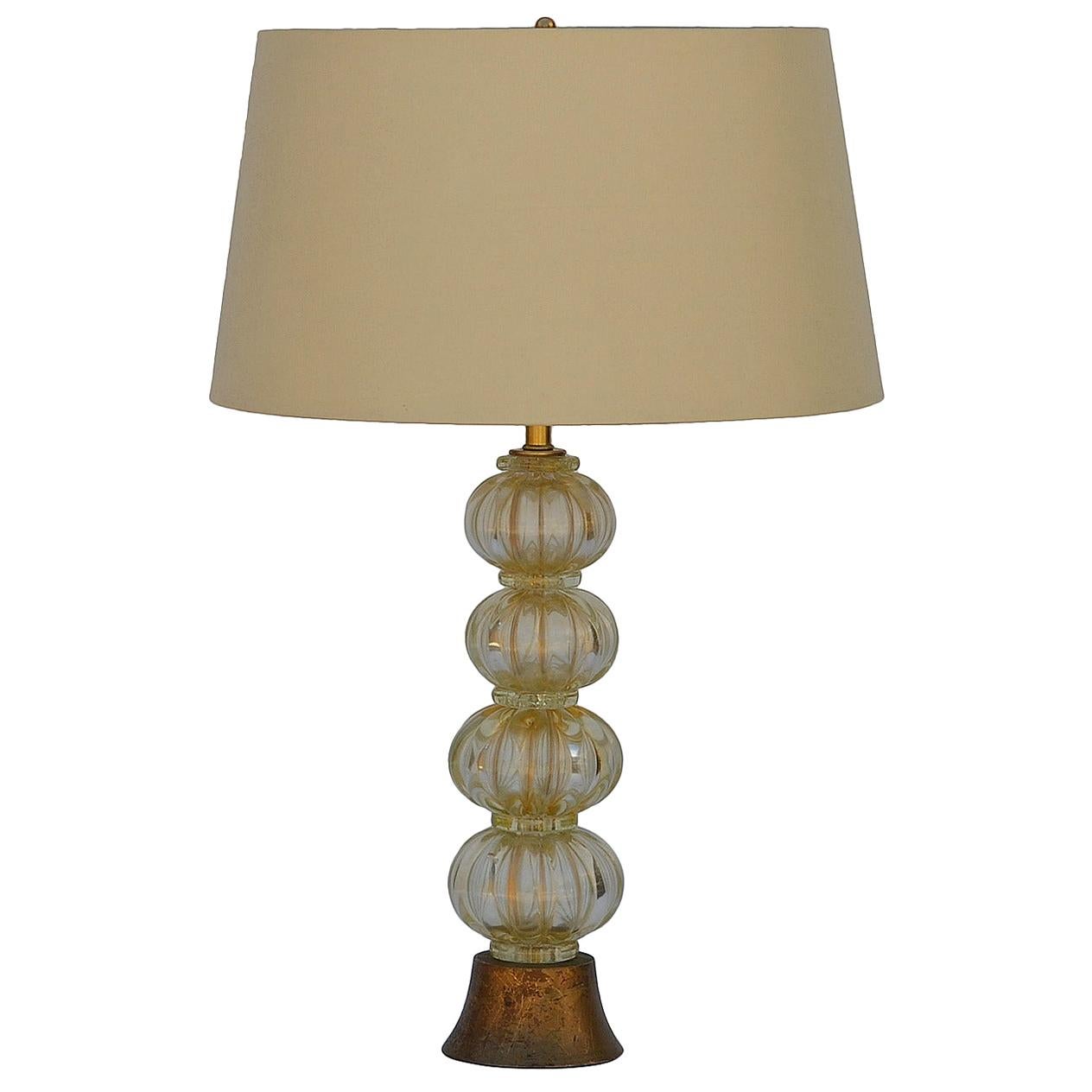 Heavy Gilt Murano Glass Stem Lamp with Custom Silk Shade For Sale