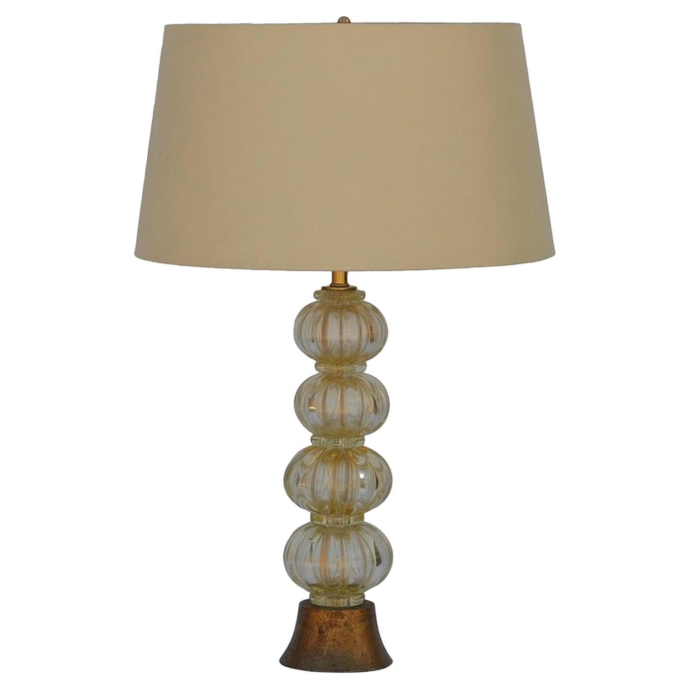 Heavy Gilt Murano Glass Stem Lamp with Custom Silk Shade For Sale