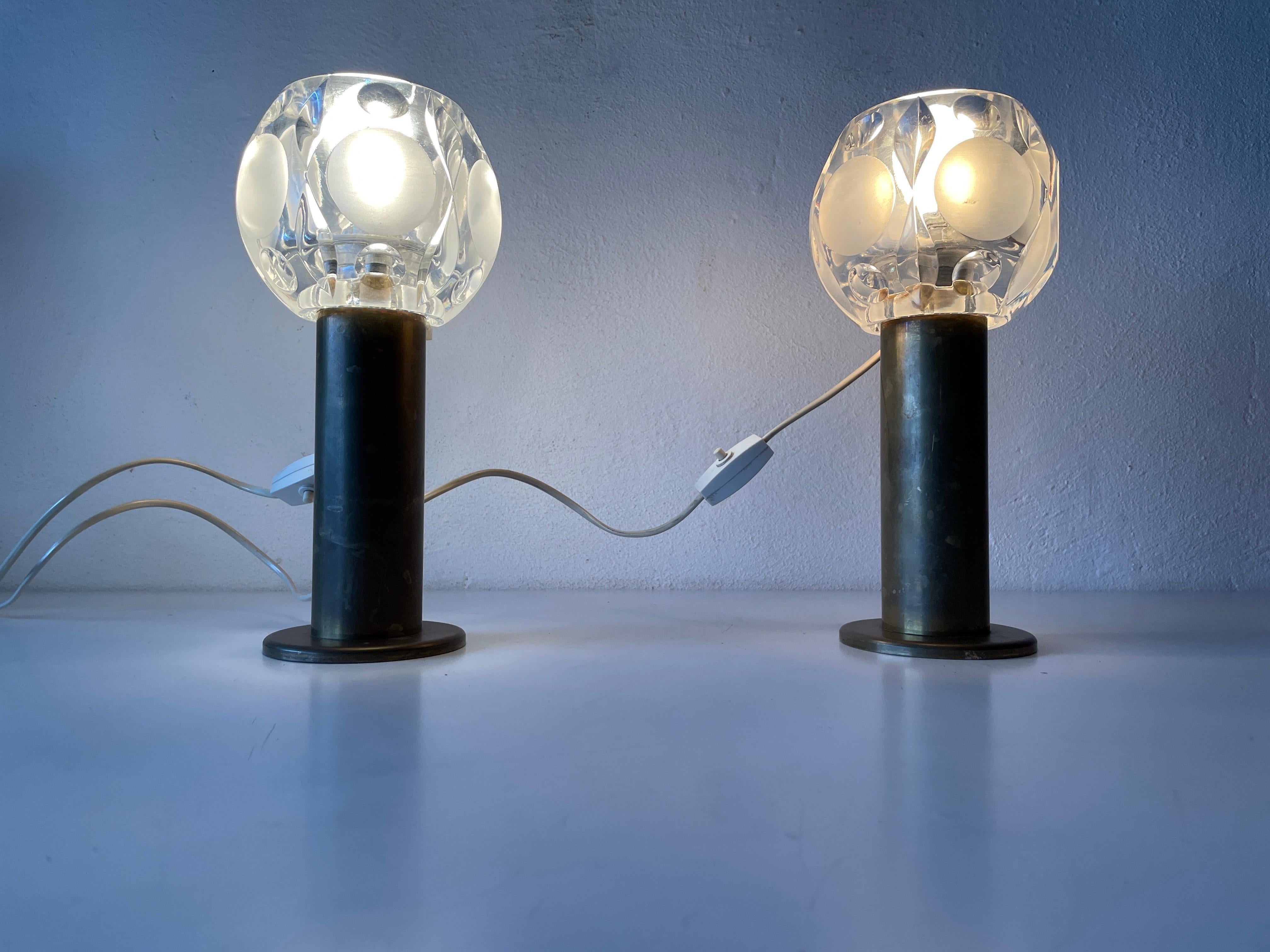 Heavy Glass and Brass Body Pair of Table Lamps by Peill Putzler, 1960s, Germany For Sale 4