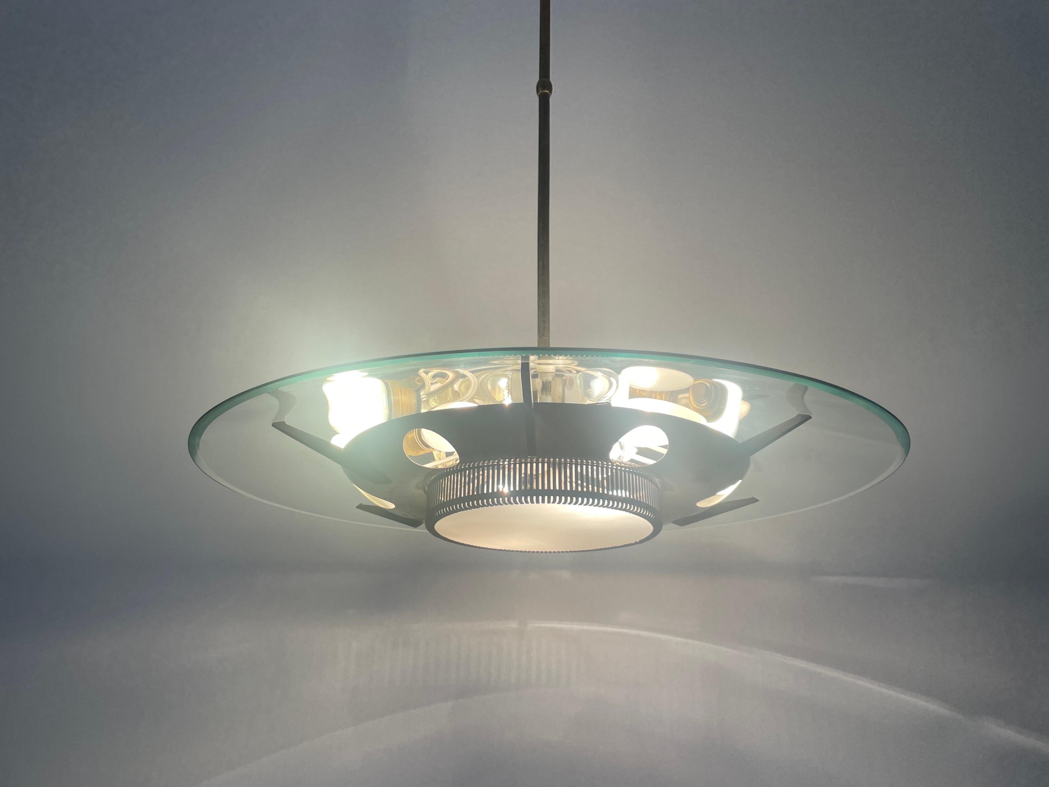 Heavy Glass and Brass Suspension Pendant Light by Stilnovo, 1950s, Italy For Sale 8