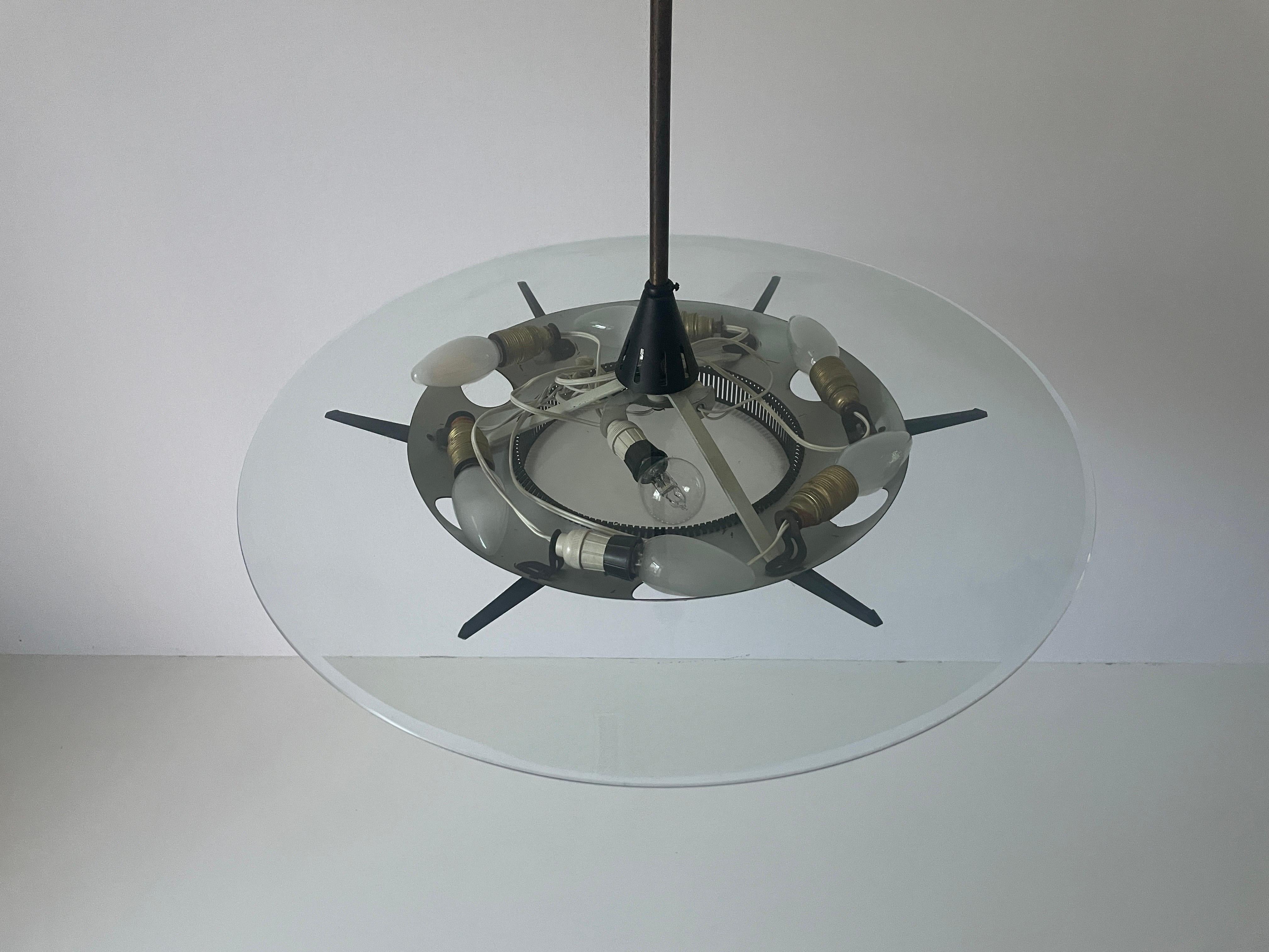 Mid-Century Modern Heavy Glass and Brass Suspension Pendant Light by Stilnovo, 1950s, Italy For Sale
