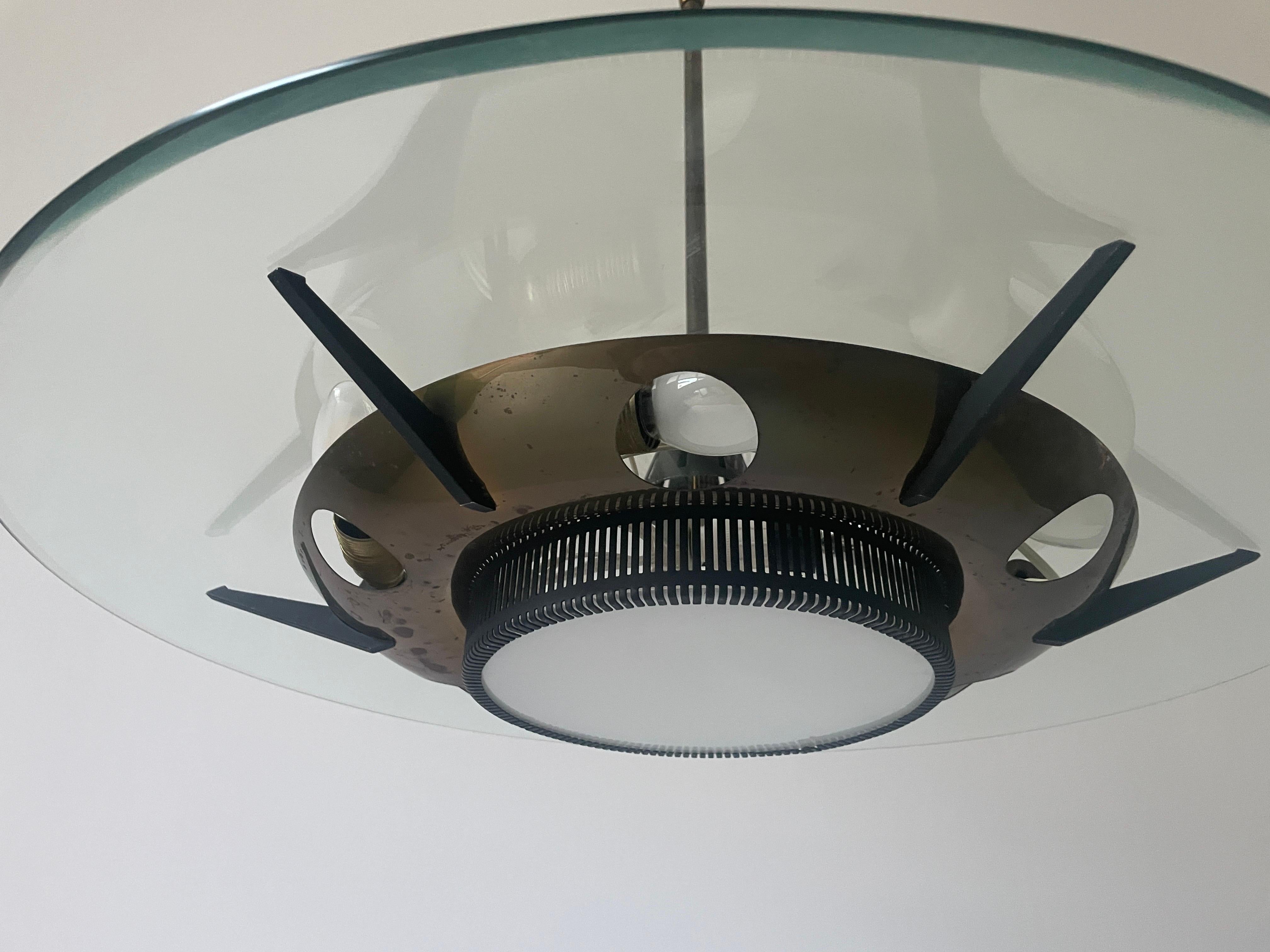 Italian Heavy Glass and Brass Suspension Pendant Light by Stilnovo, 1950s, Italy For Sale