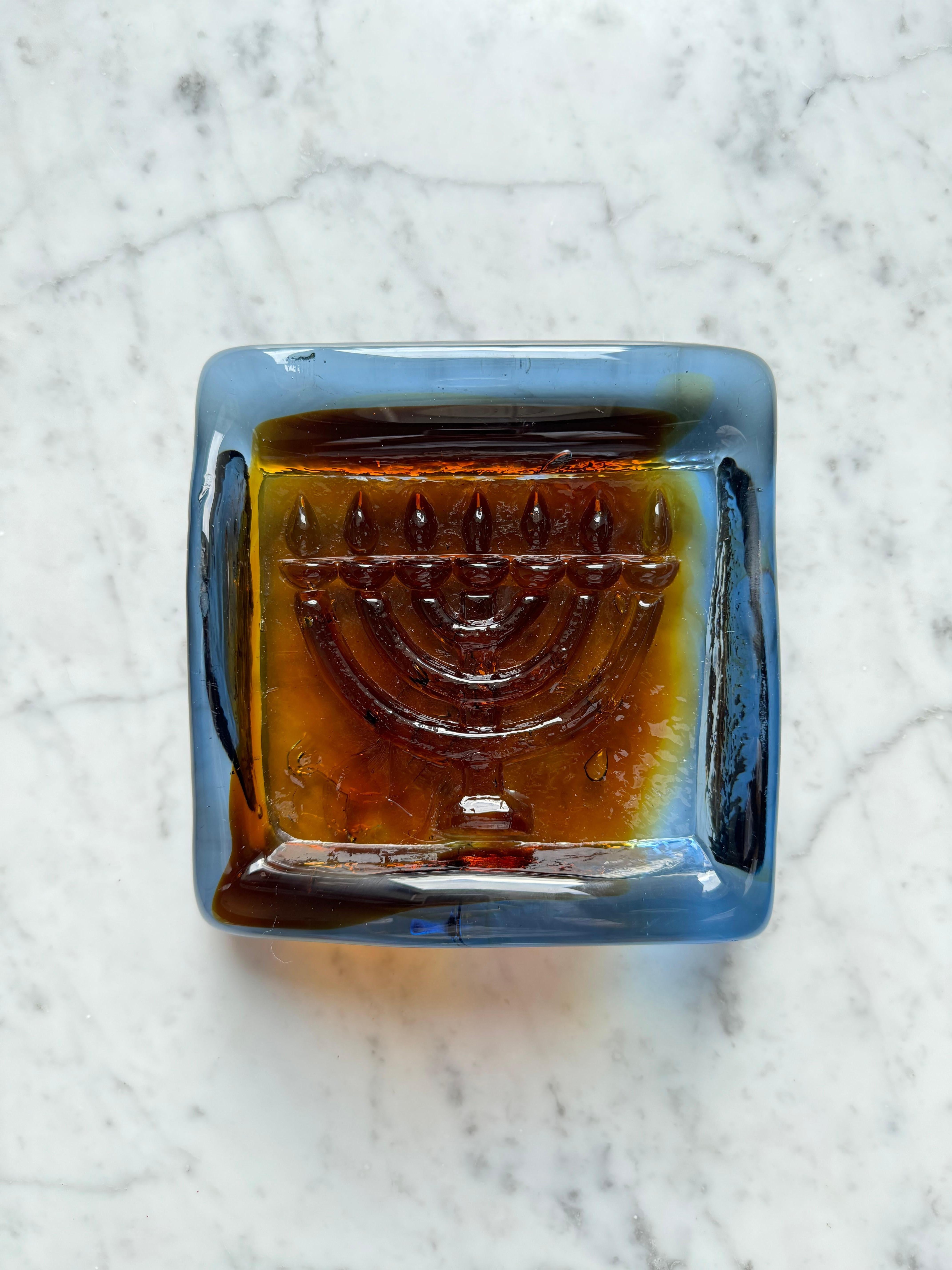 Heavy Glass Judaica Ashtray Or Incense Holder, Israel 1970s  Featuring imagery of a menorah. 