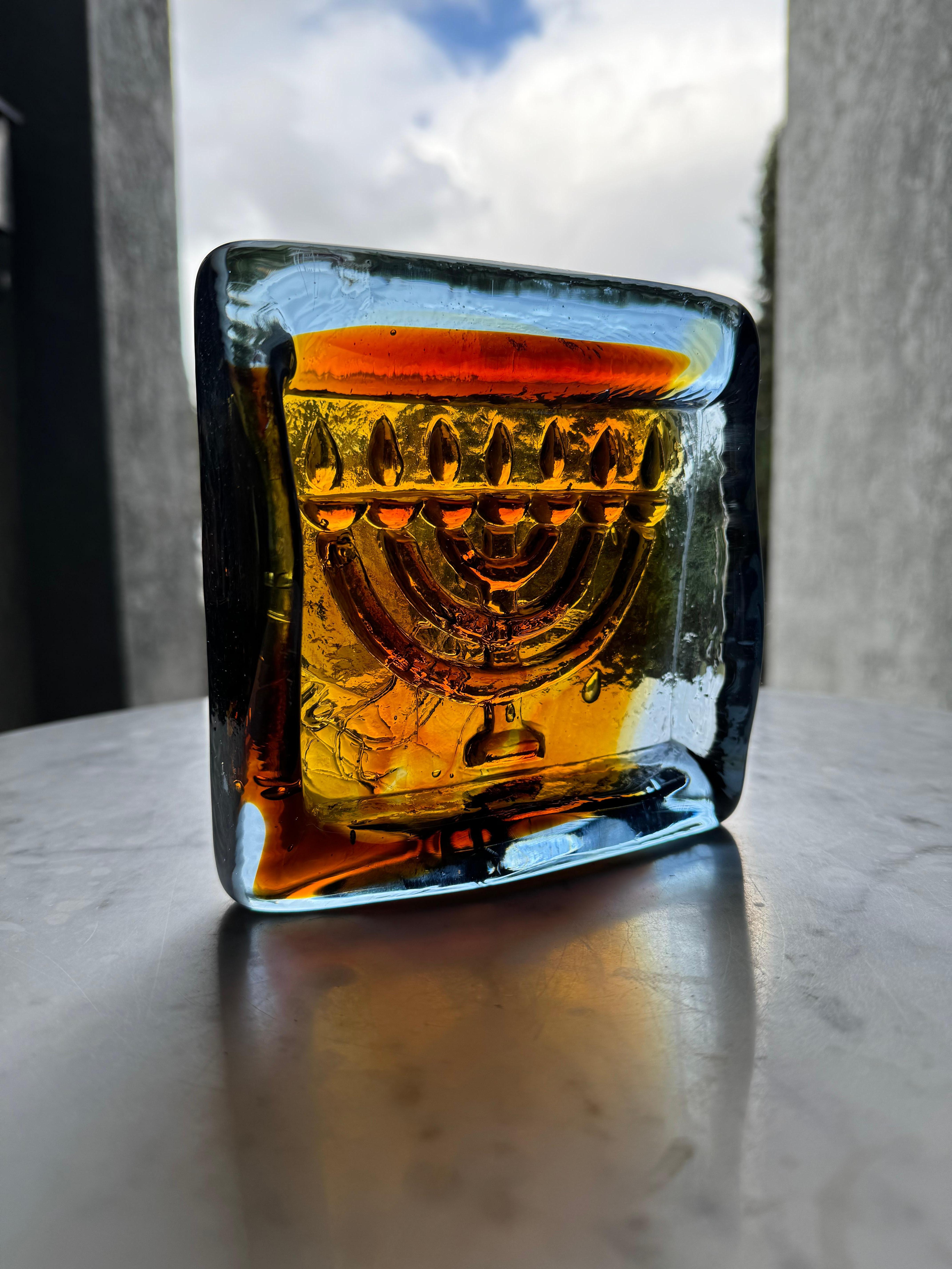 Art Glass Heavy Glass Judaica Ashtray Or Incense Holder, Israel 1970s  For Sale