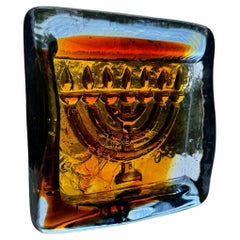 Vintage Heavy Glass Judaica Ashtray Or Incense Holder, Israel 1970s 