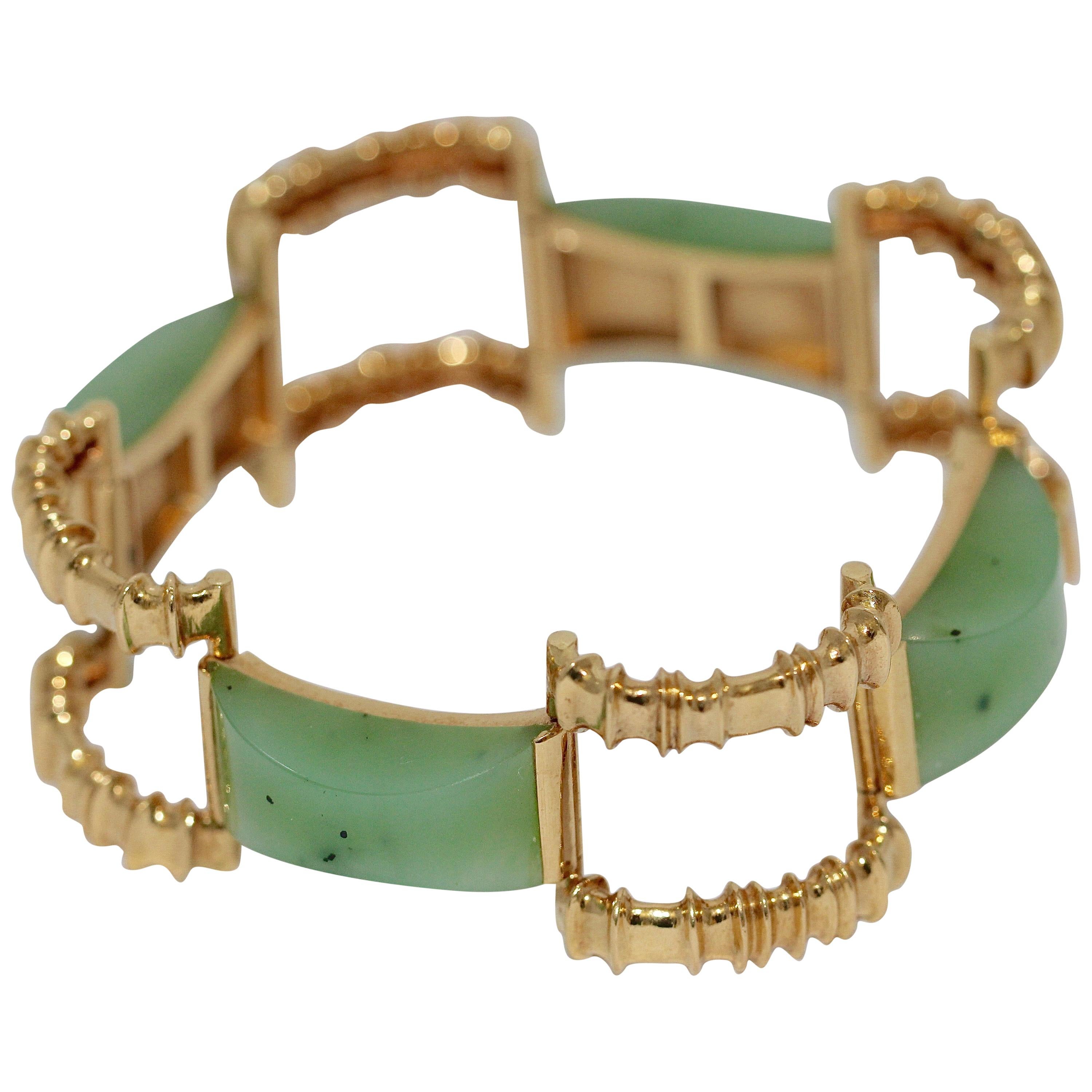 Heavy Gold Bracelet, Bangle, 18 Karat Set with Four Large Jade