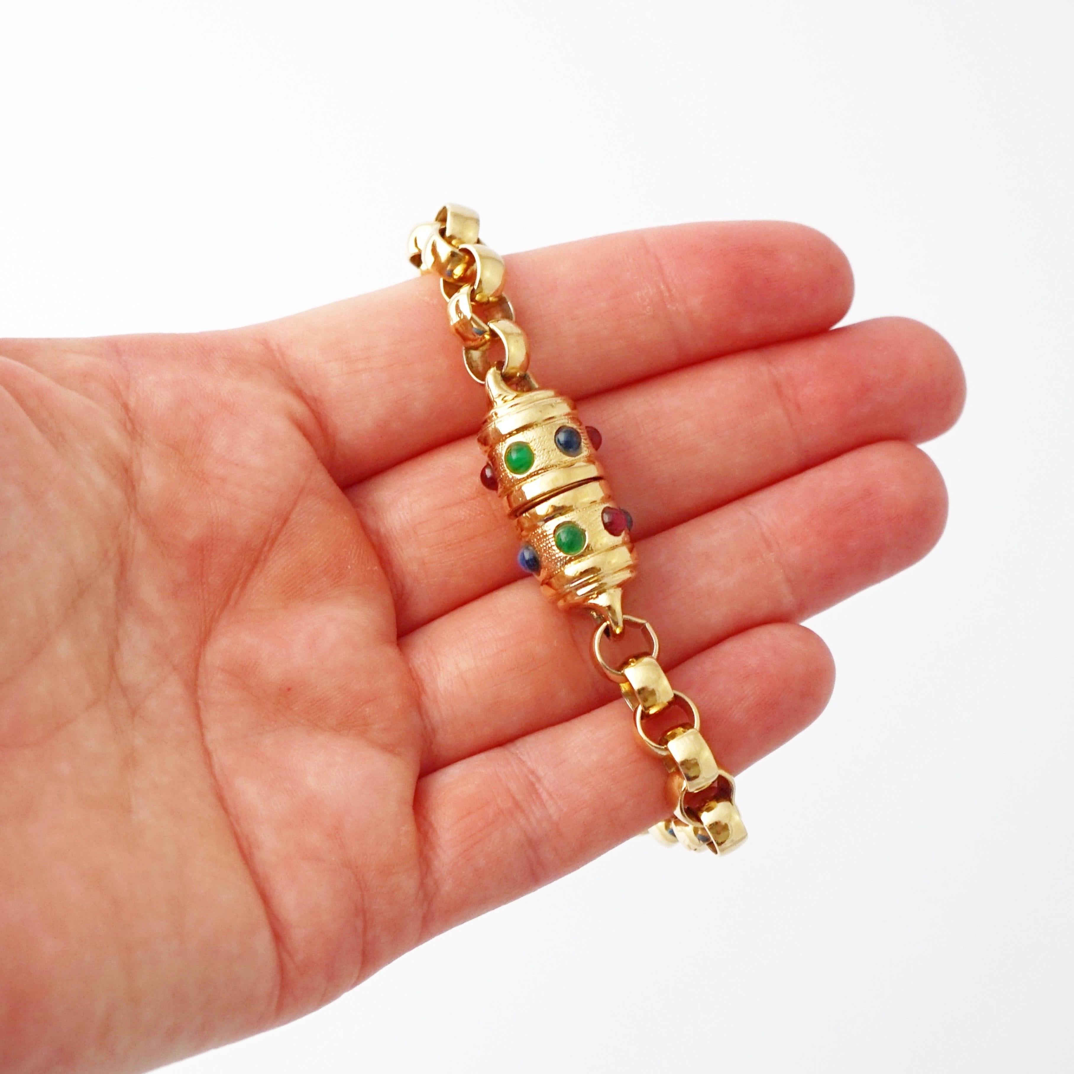 Women's Heavy Gold Chain Bracelet with Mughal Cabochon Accents, 1980s