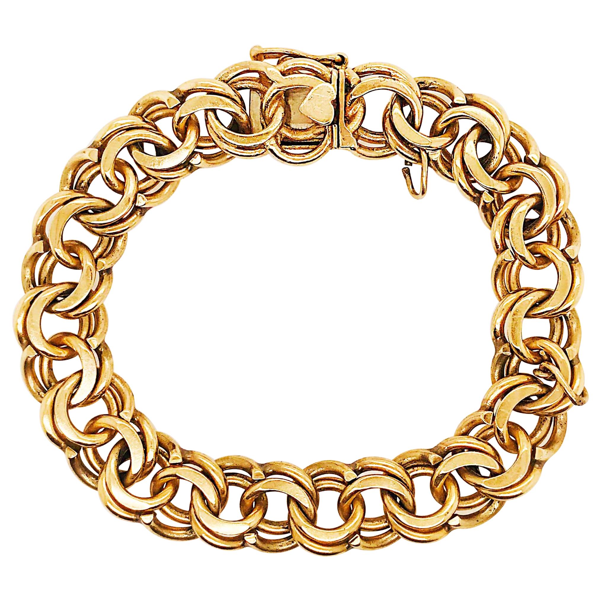 Heavy Gold Charm Bracelet, 14 Karat Large Gold Chain Bracelet