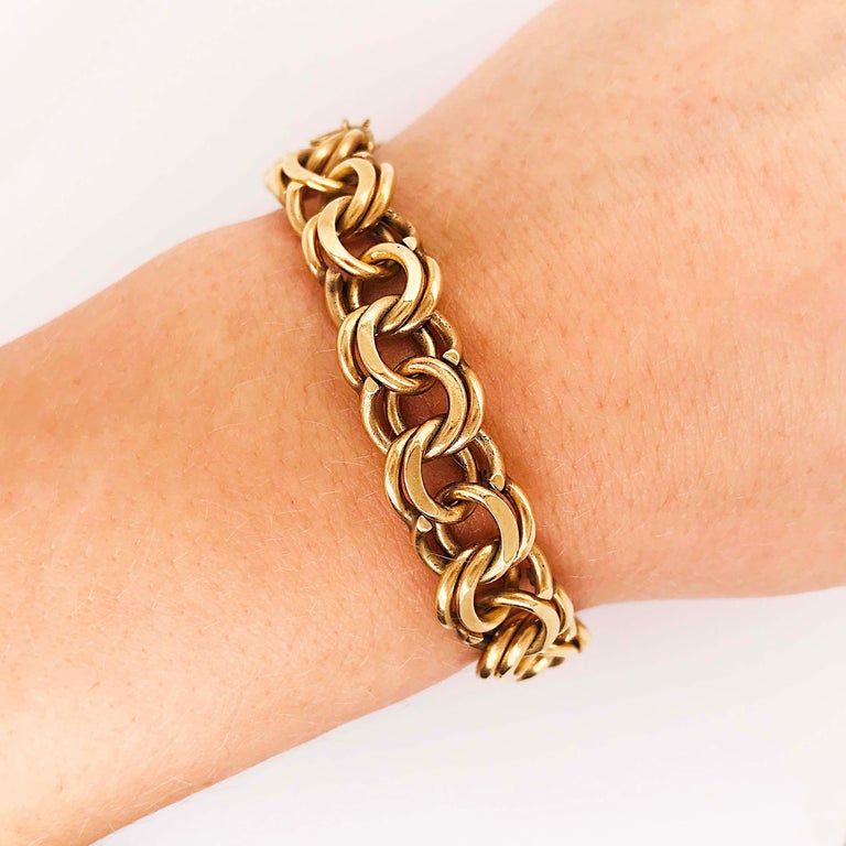 Heavy Gold Charm Bracelet, 14 Karat Large Gold Chain Bracelet For Sale