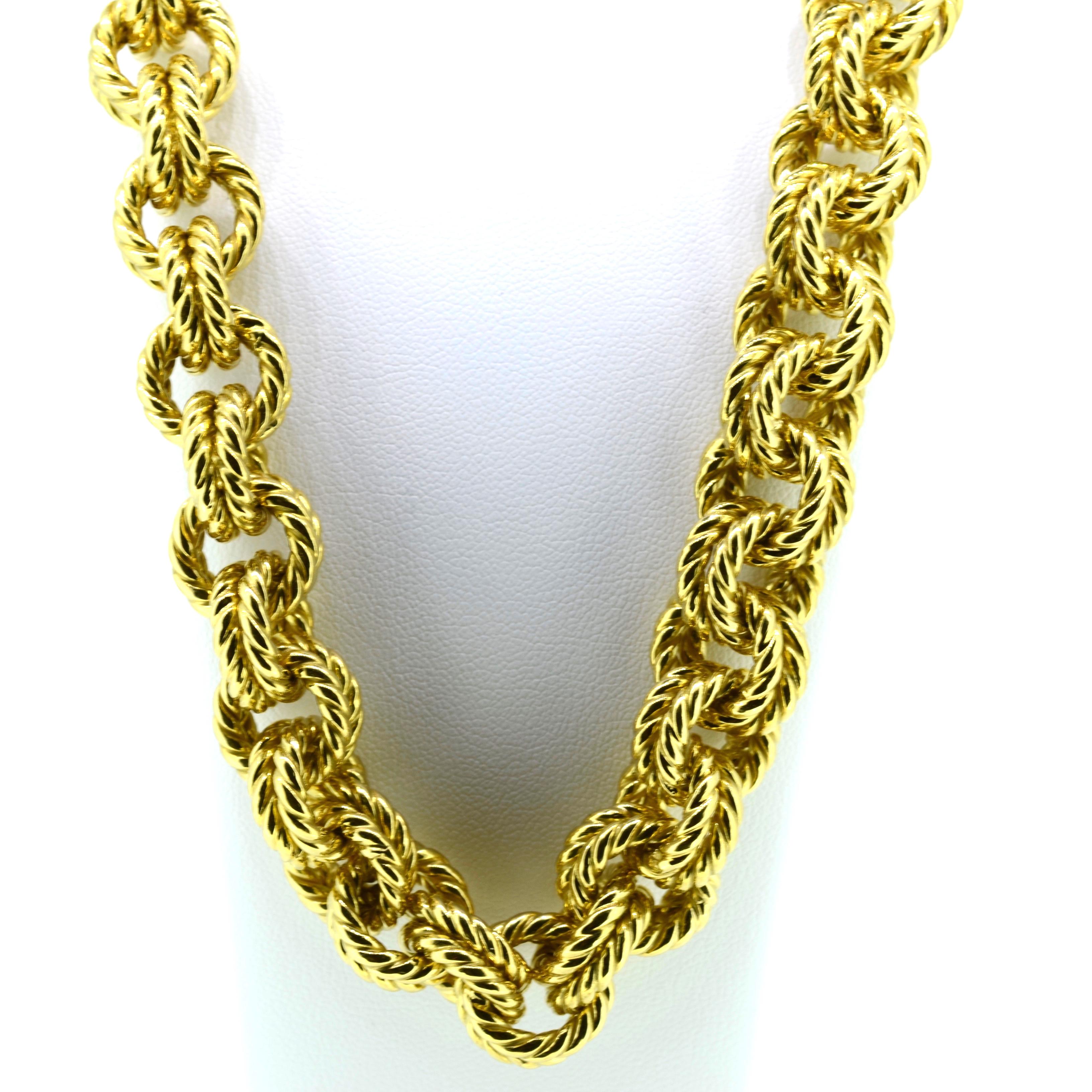 18 kt yellow gold heavy double spiral link neck chain.  18
