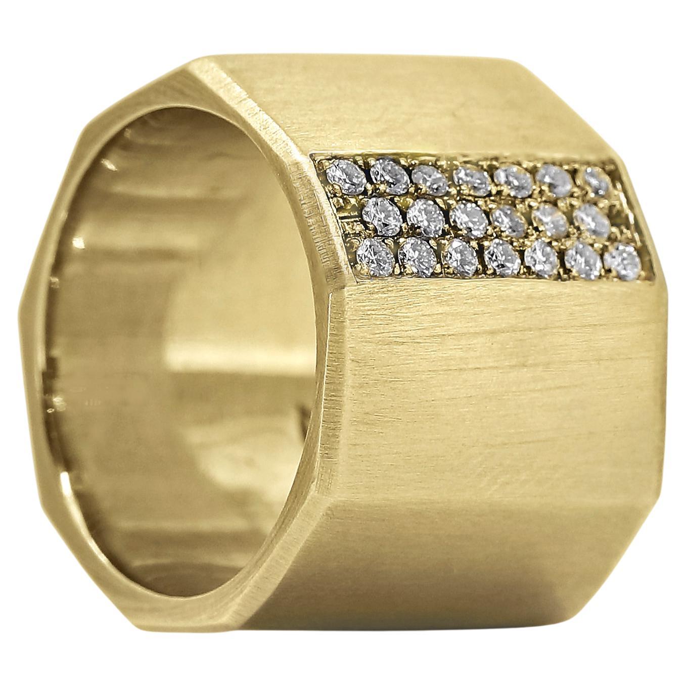 White Diamond Heavy Gold Handmade Facet Bolt Band Ring, Lisa Ziff For Sale