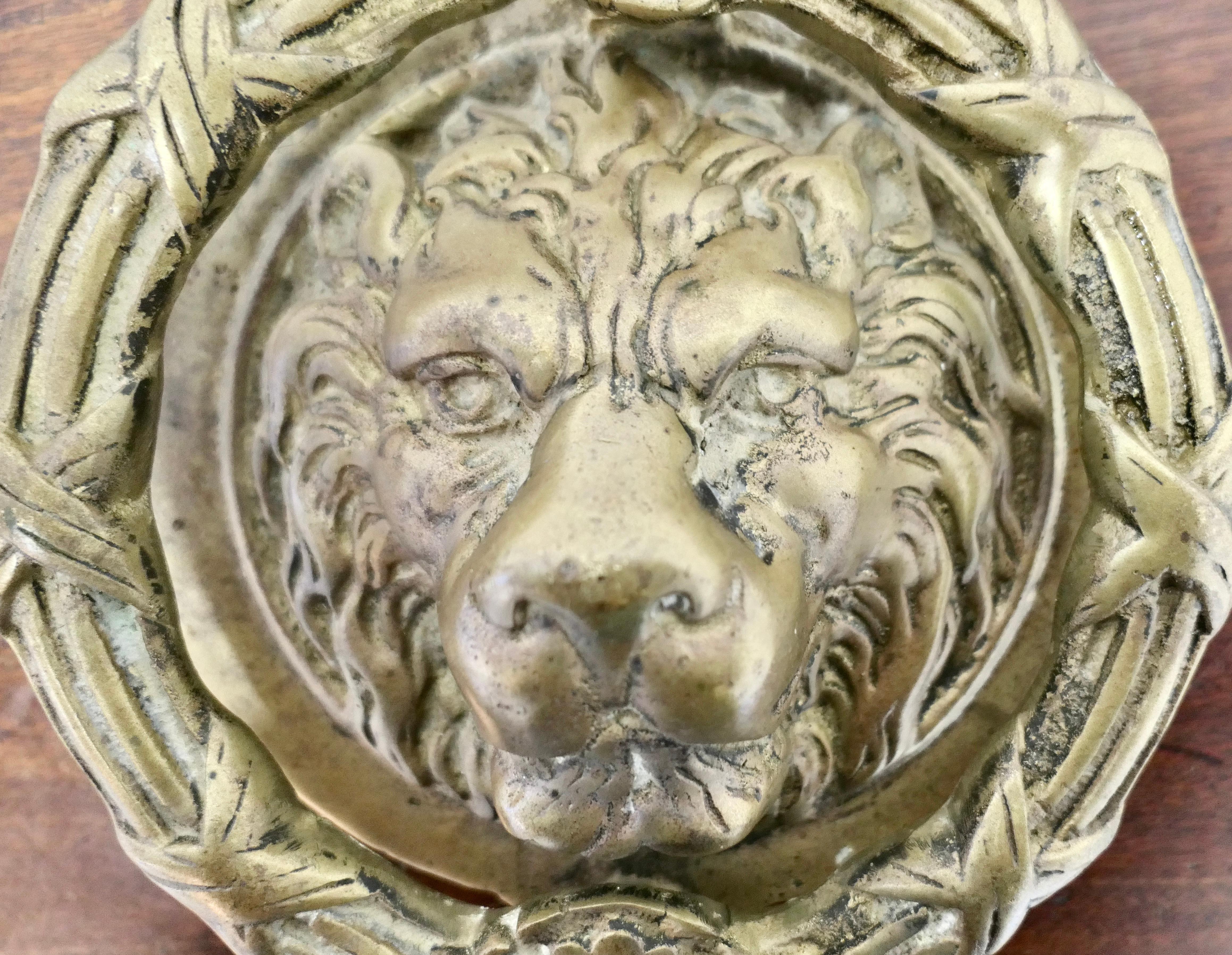 Neoclassical Heavy Gothic Lion’s Mask Brass Door Knocker For Sale