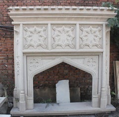 Heavy Gothic Style Carved Granite Fireplace