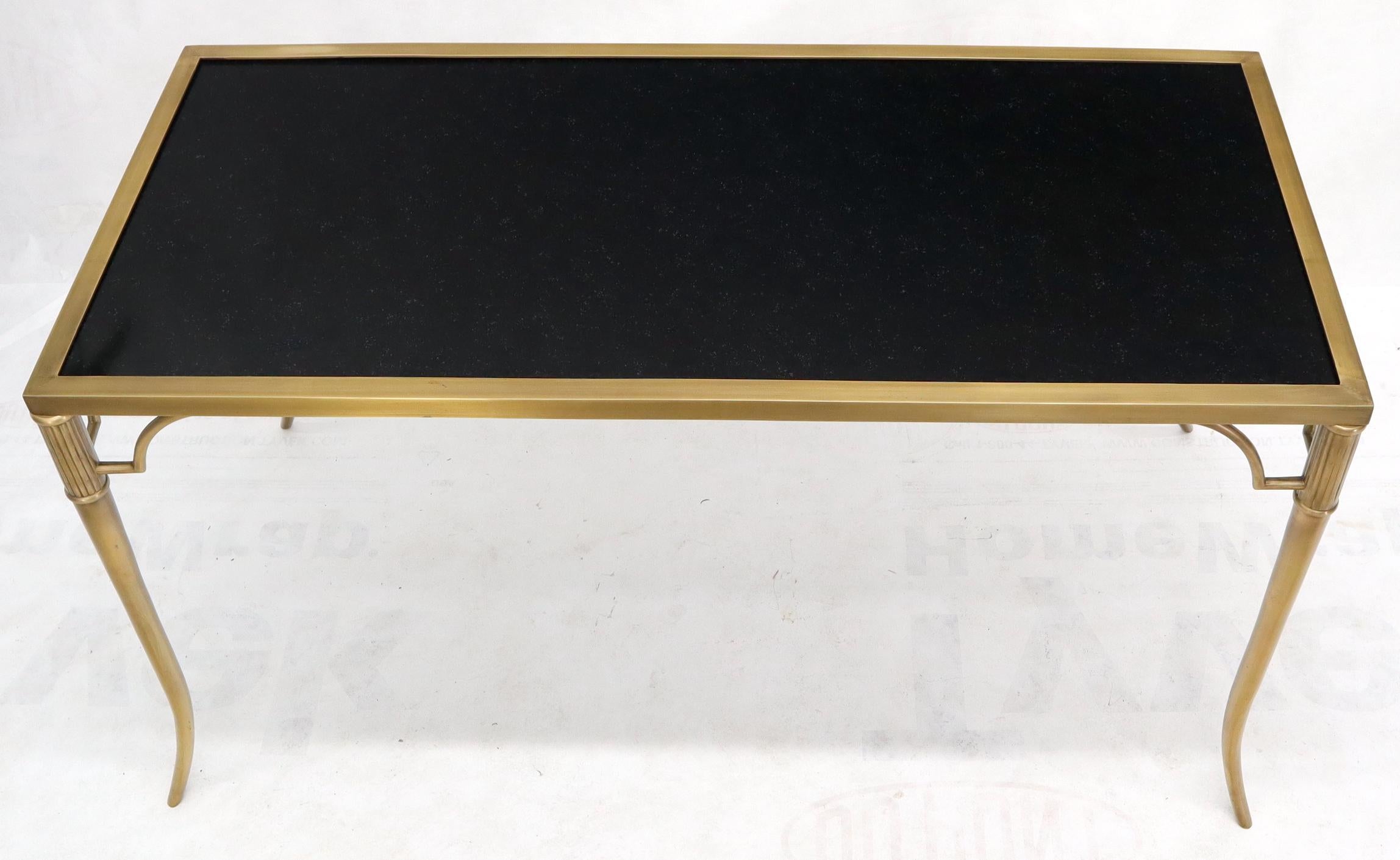Mid-Century Modern Heavy Granite Top Rectangular Brass Frame Horn Shape Legs Coffee Table For Sale