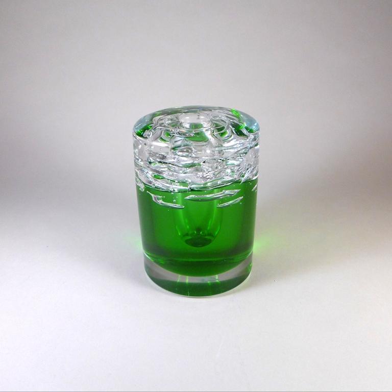Heavy Green and Clear Fused Single Stem Glass Vase In Good Condition For Sale In London, GB