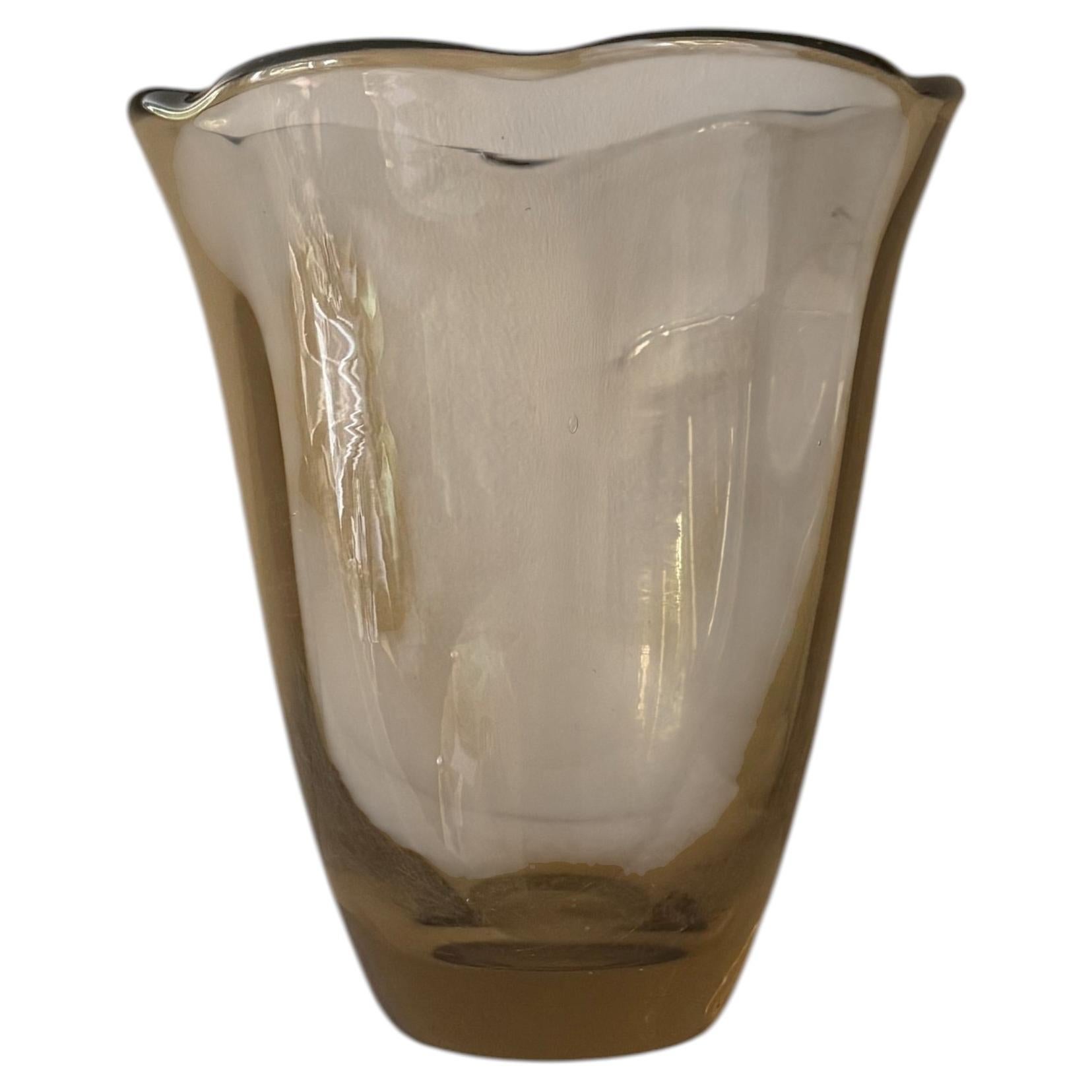 Heavy hand blown glass vase with scalloped rim
