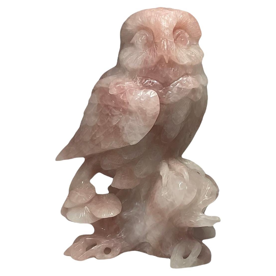 Heavy Hand Carved Rose Quartz Large Owl Sculpture/Figurine For Sale