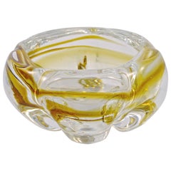 Heavy Hand Made Gold and Clear Art Glass Round Ashtray / Bowl circa 1970s