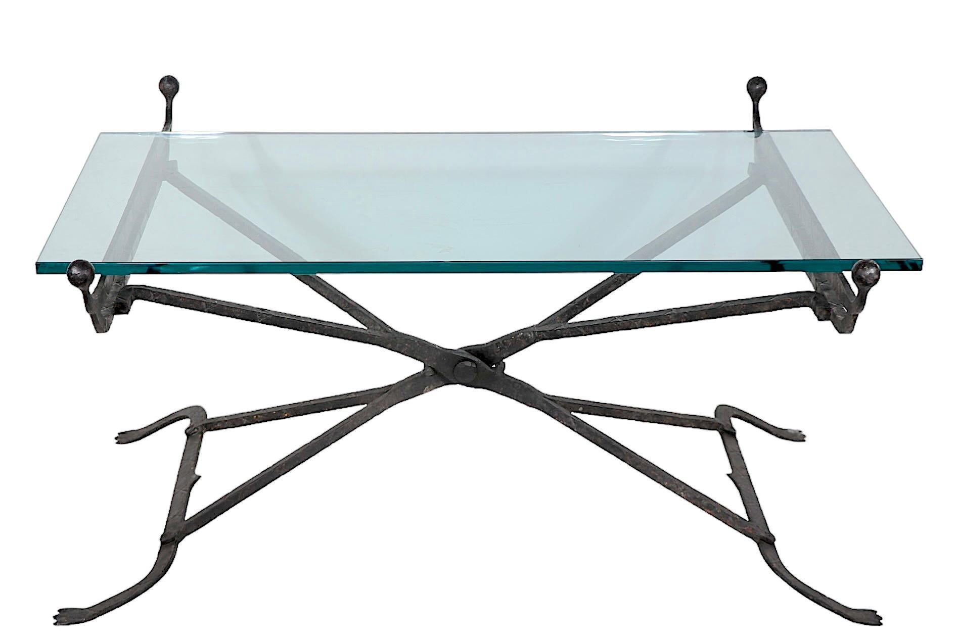 Heavy Hand Wrought Iron Glass Top Coffee Table  after Samuel Yellin  For Sale 7