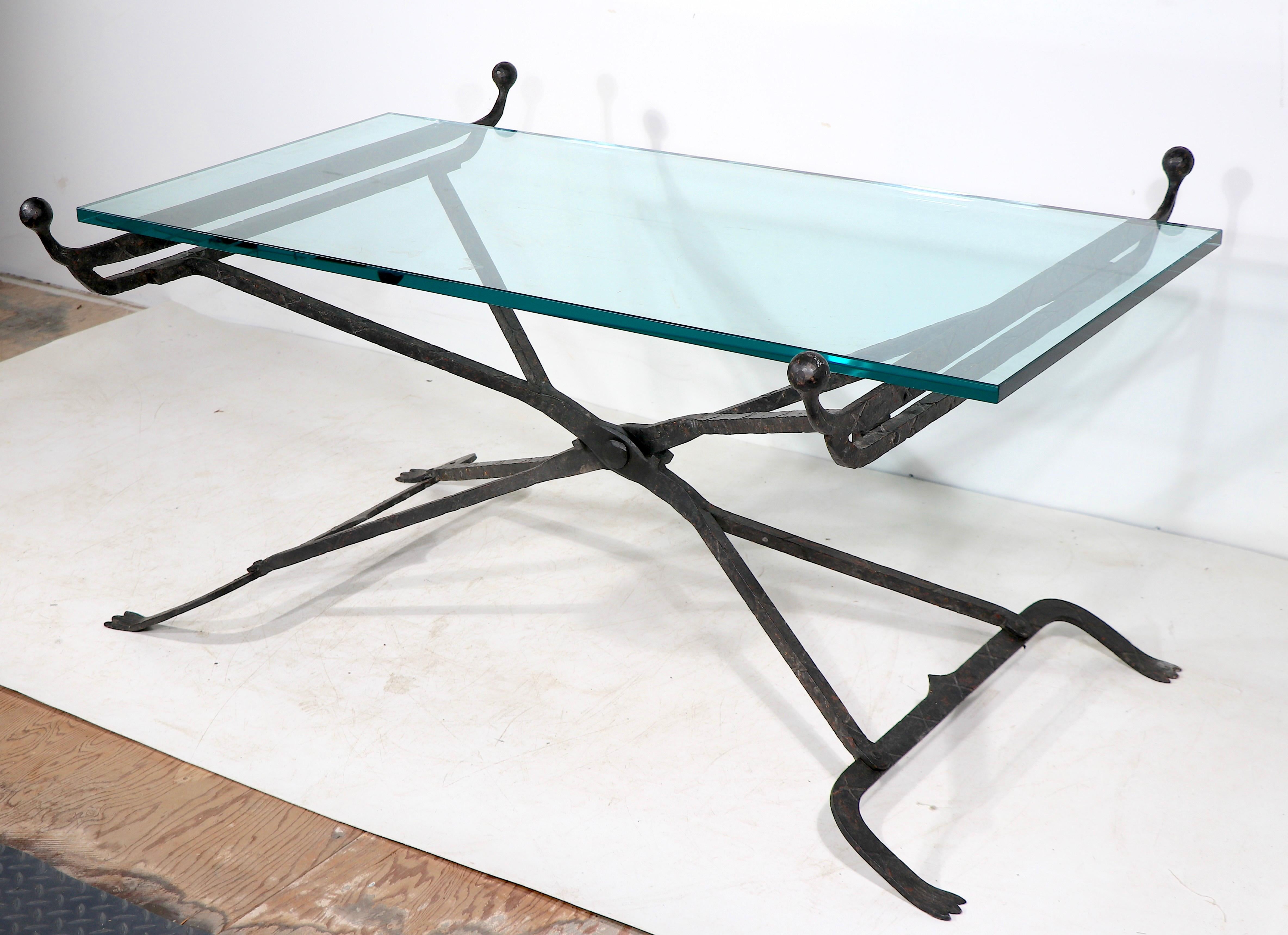 Gothic Revival Heavy Hand Wrought Iron Glass Top Coffee Table  after Samuel Yellin  For Sale