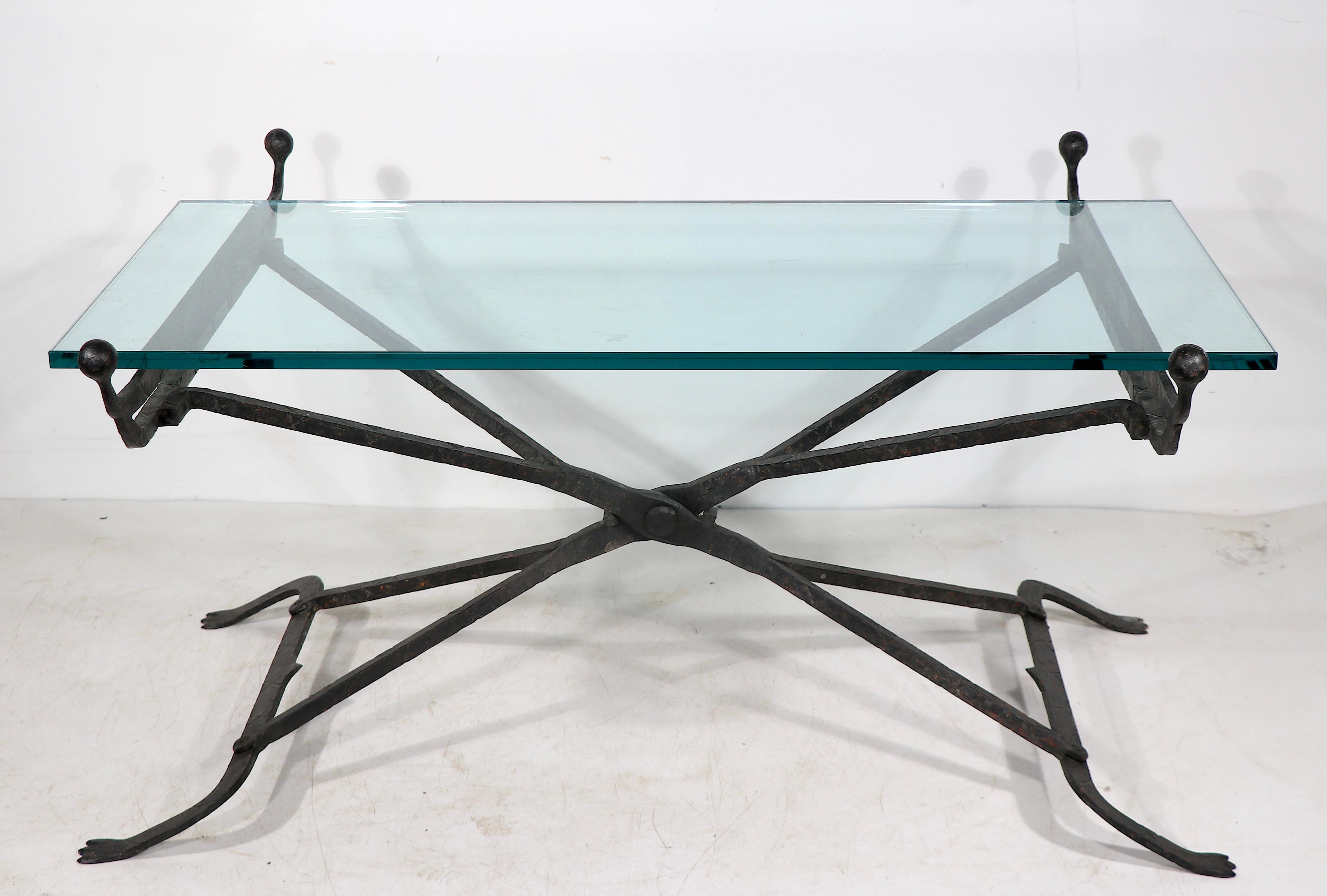 American Heavy Hand Wrought Iron Glass Top Coffee Table  after Samuel Yellin  For Sale