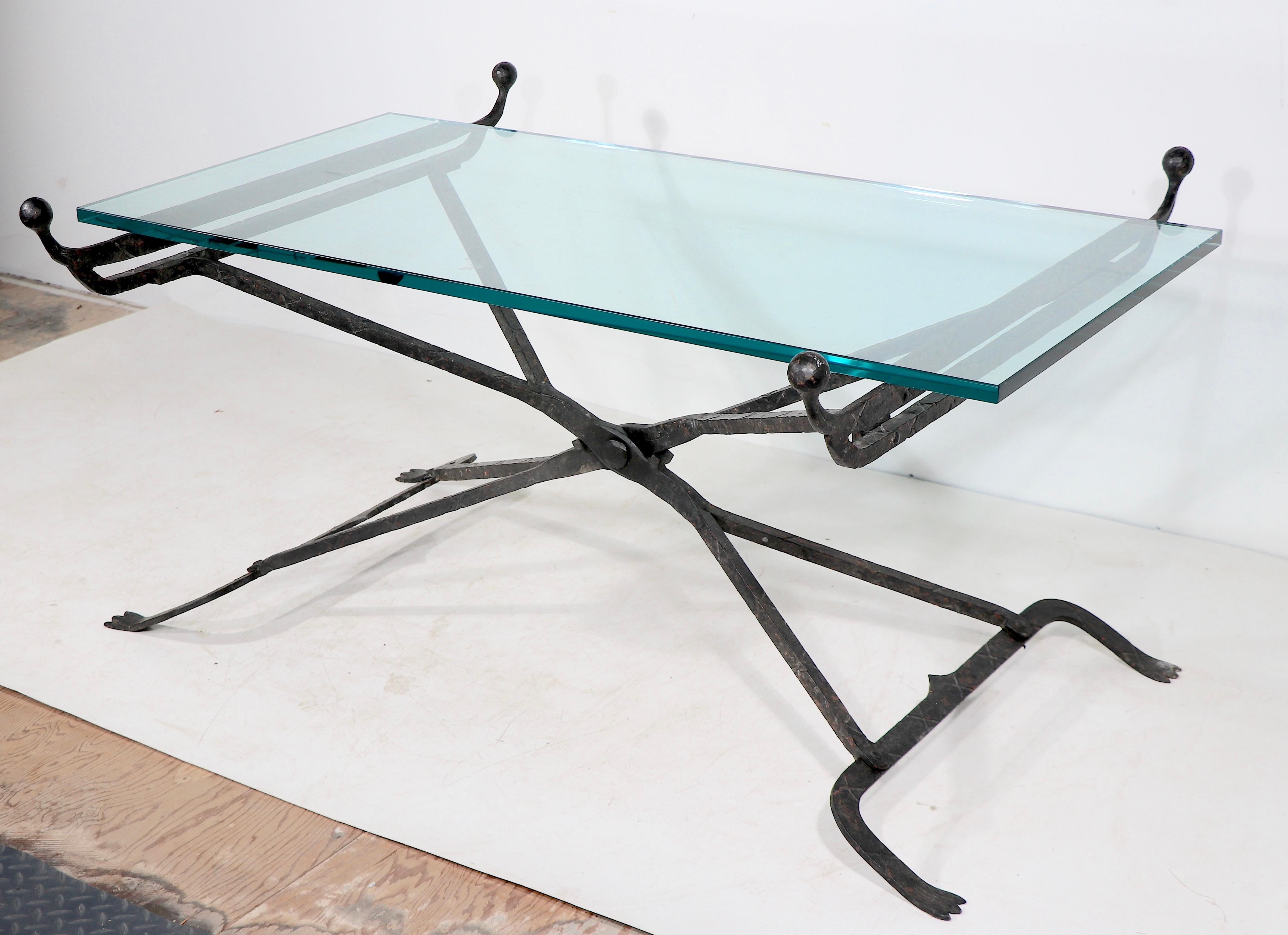 Heavy Hand Wrought Iron Glass Top Coffee Table  after Samuel Yellin  In Good Condition For Sale In New York, NY