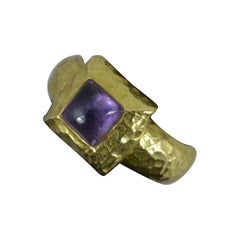 Vintage Heavy Handmade 18ct Gold and Amethyst Cabochon Solitaire Statement Ring