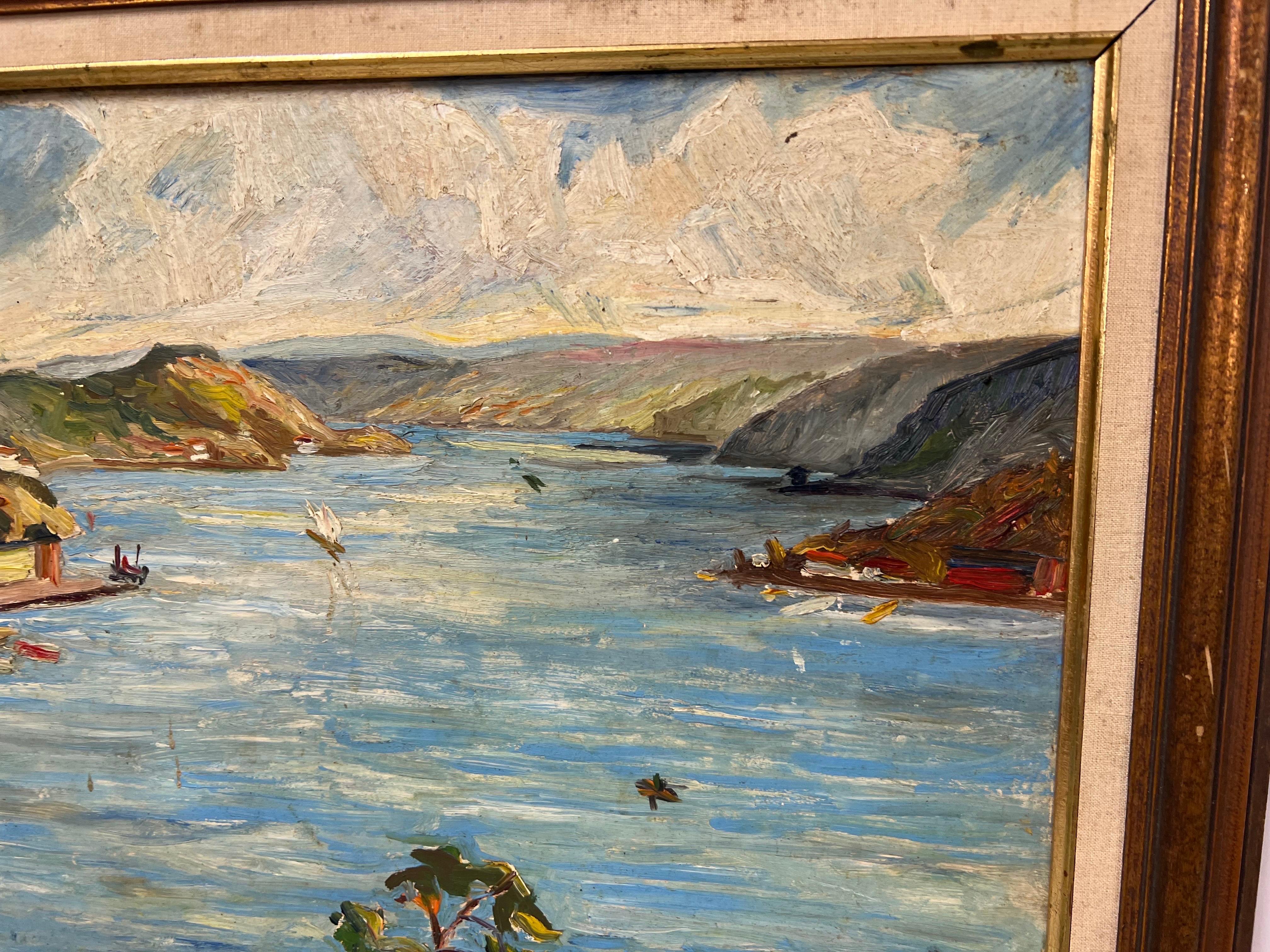 Heavy Impasto oil on board of Harbor Scene For Sale 9