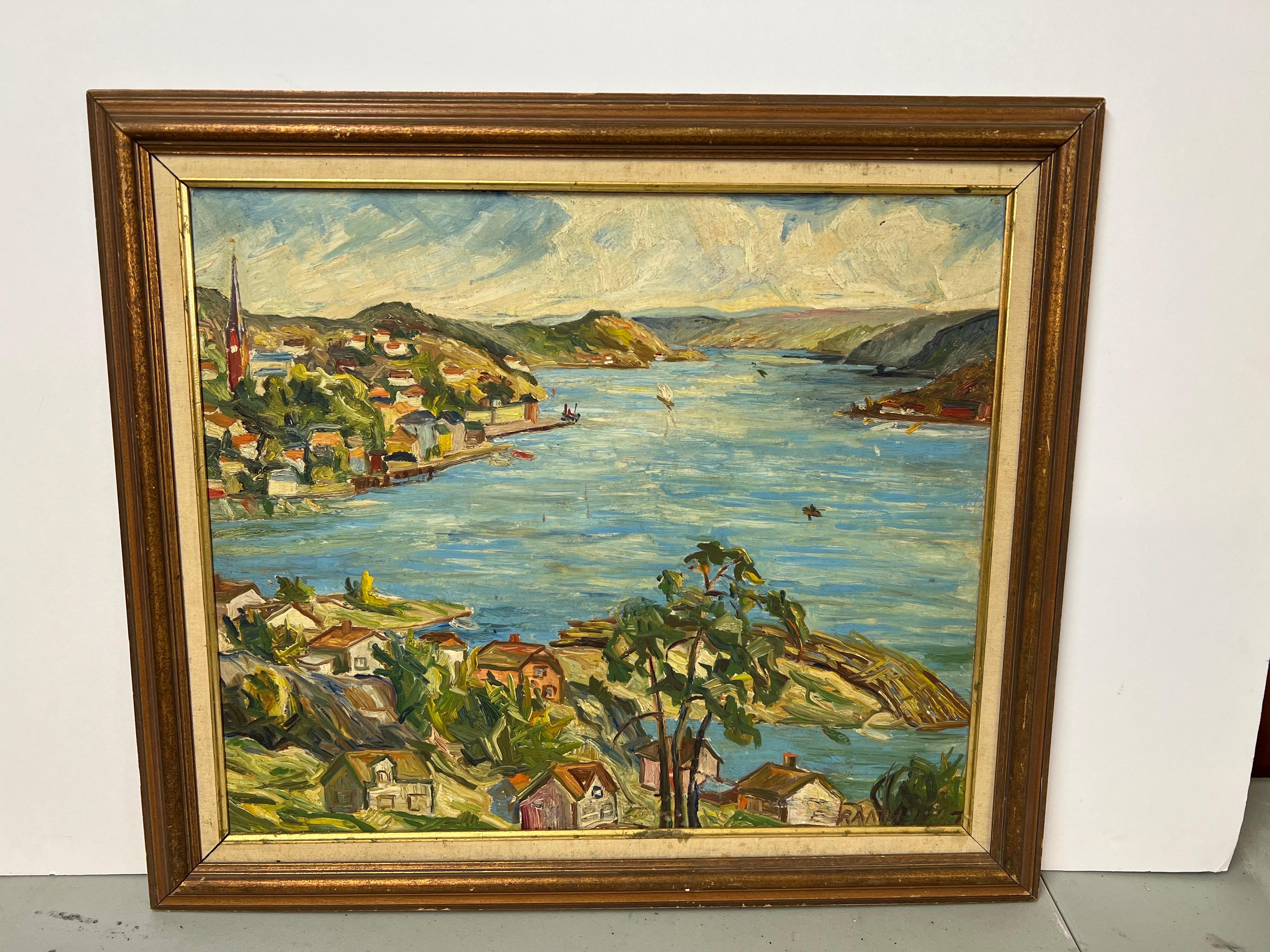 Heavy Impasto oil on board of Harbor Scene In Good Condition For Sale In Redding, CT