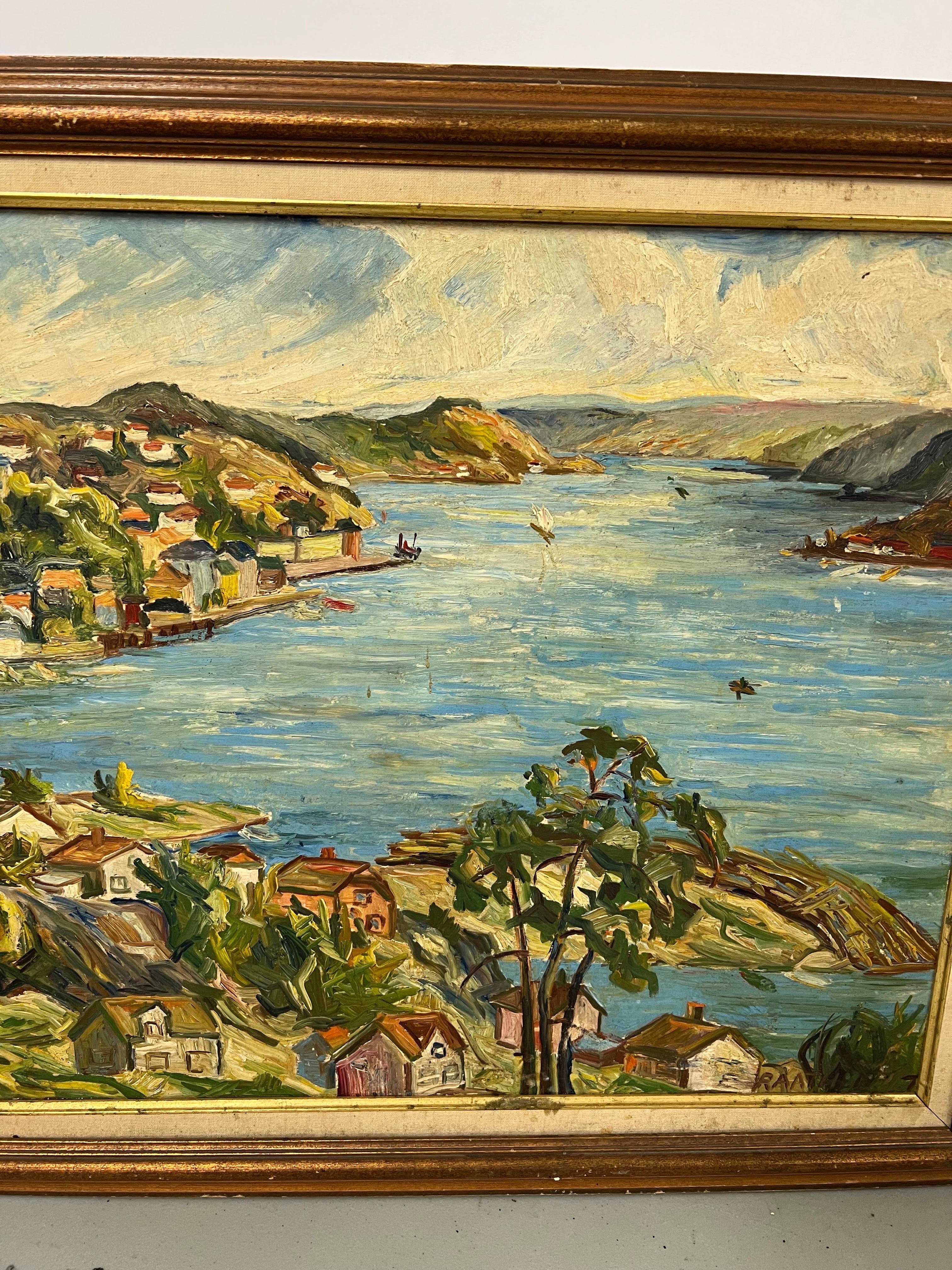 Mid-20th Century Heavy Impasto oil on board of Harbor Scene For Sale