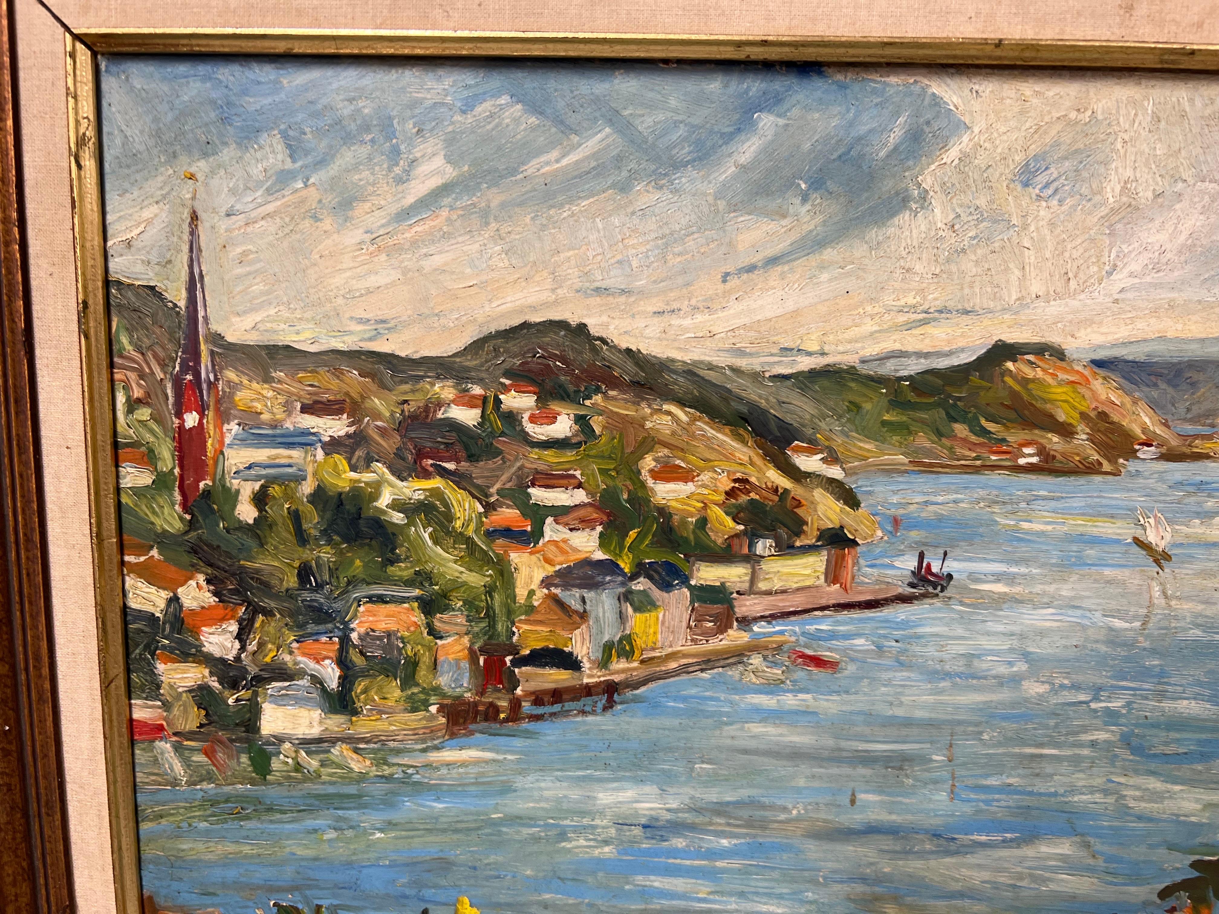Wood Heavy Impasto oil on board of Harbor Scene For Sale