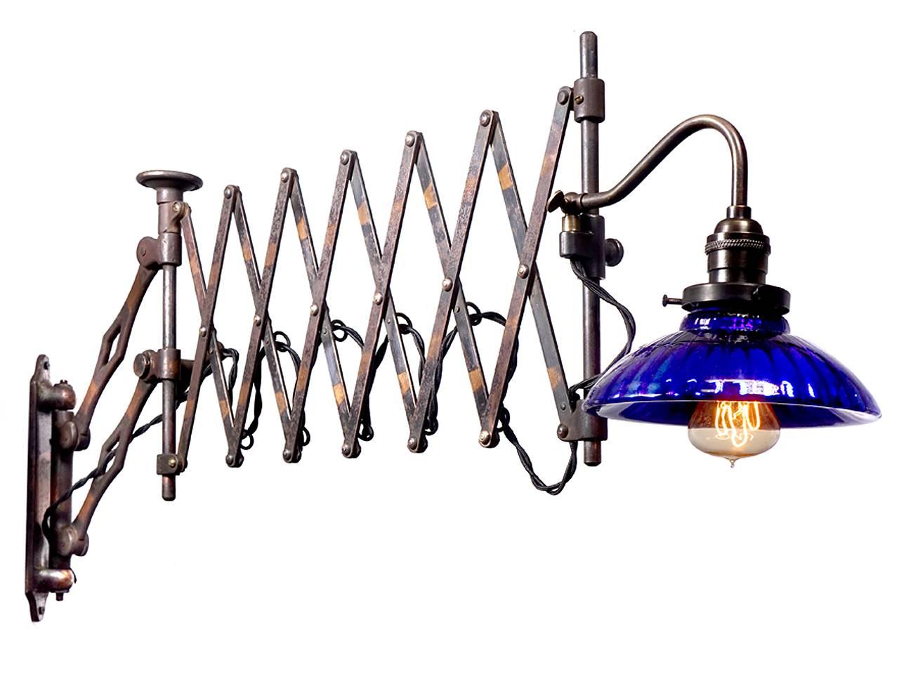 American Heavy Industrial Scissor Lamp with Blue Mercury Glass Shade