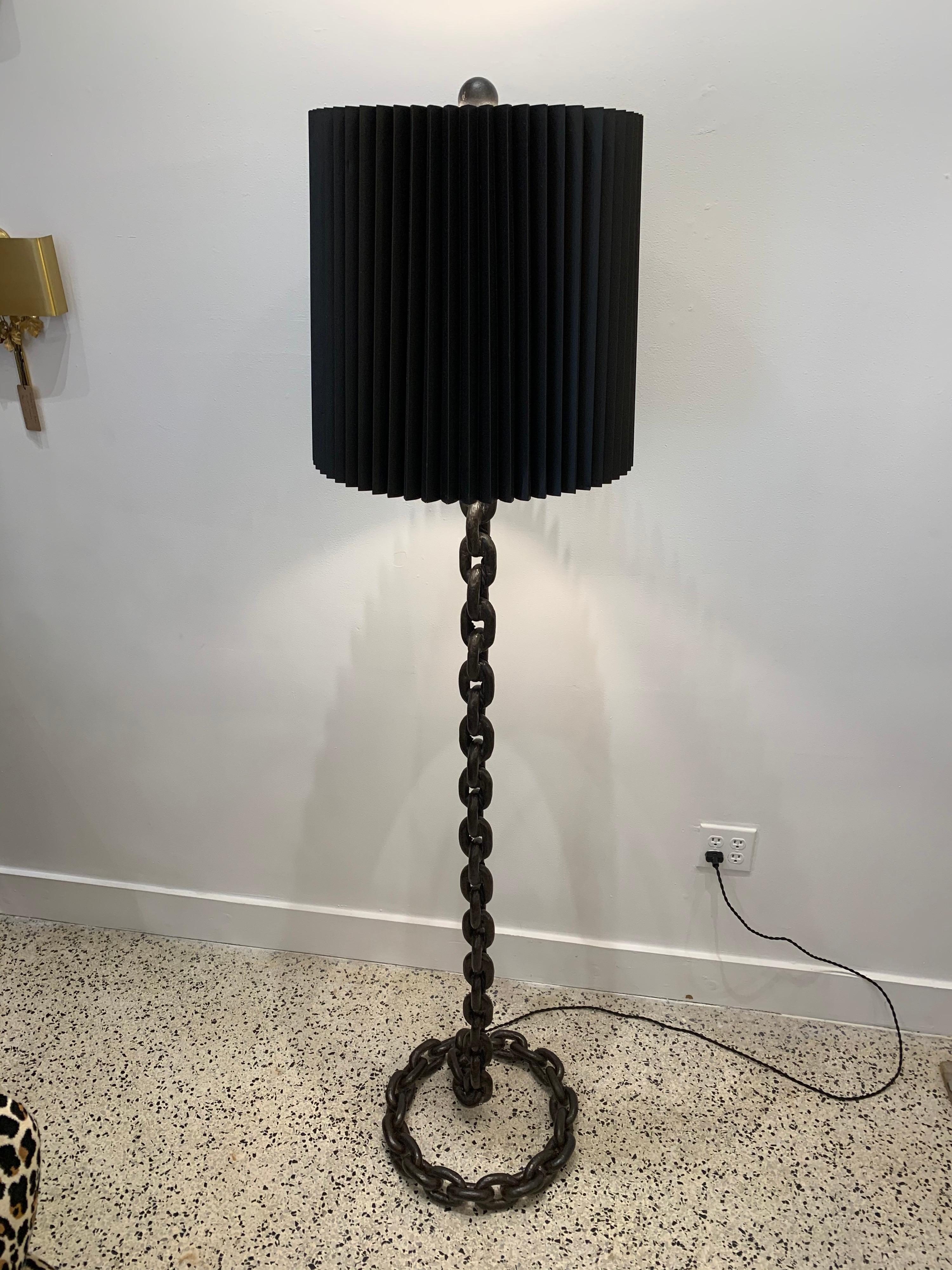 Nautical floor lamp iron chain links in style of Franz West with large welded antique chain with double sockets and recently rewired with silk cable. Great original condition. There is a second floor lamp, almost identical but shorter by 2
