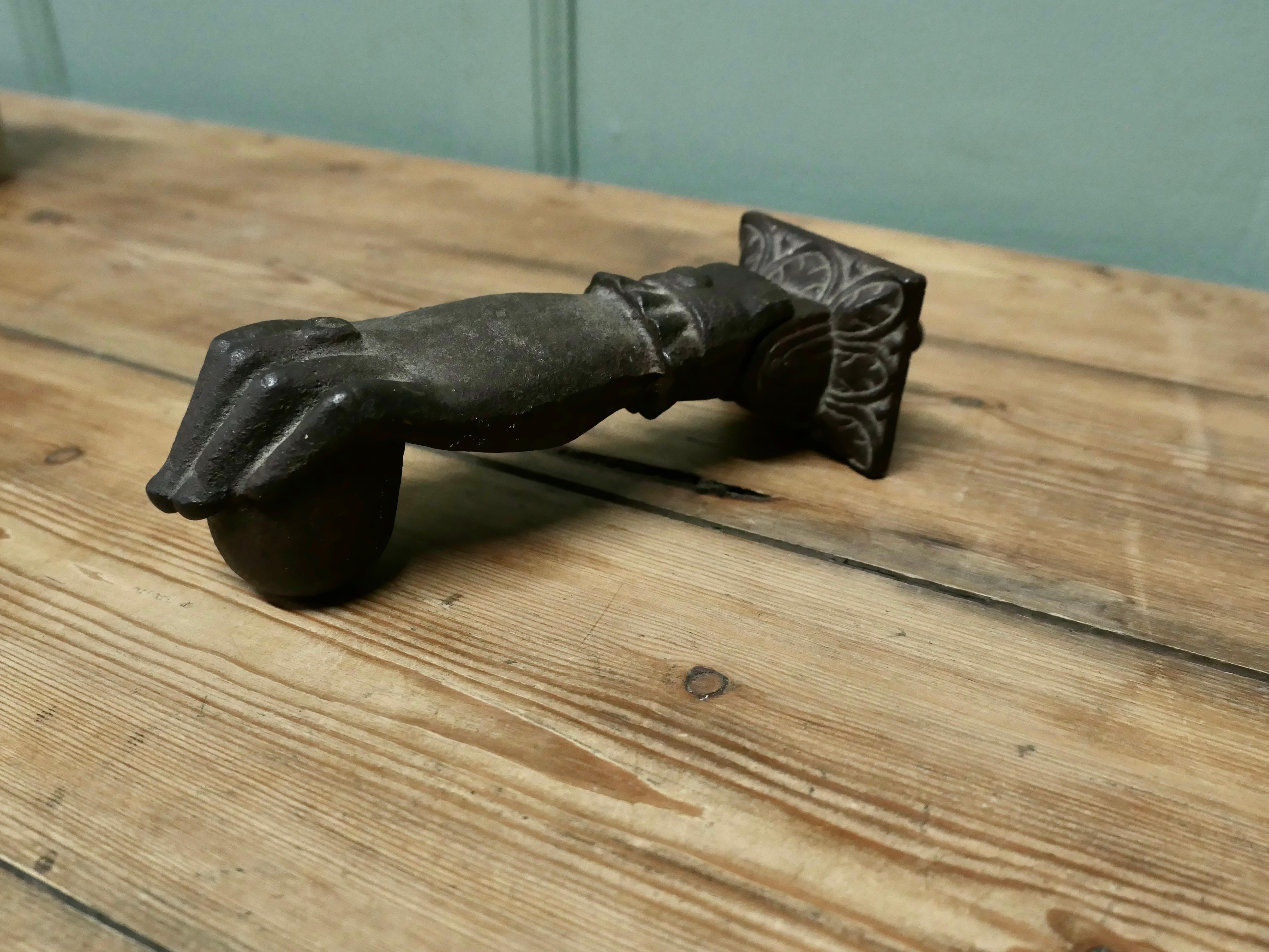 Victorian Heavy Iron Door Knocker, a Hand Knocking on the Door For Sale