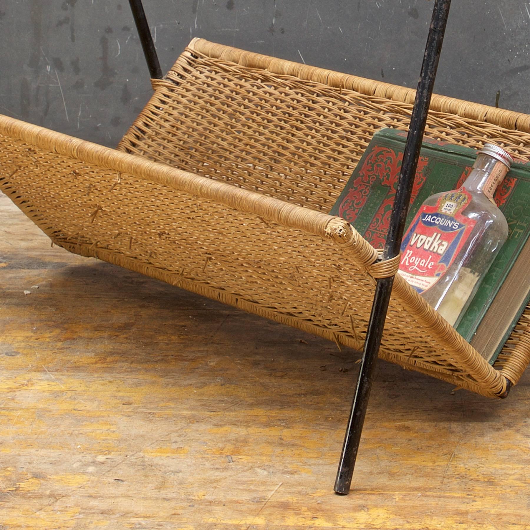 Unknown French 1950s Raoul Guys attrd. Iron Wicker Magazine Rack Book Shelf Mid-Century For Sale
