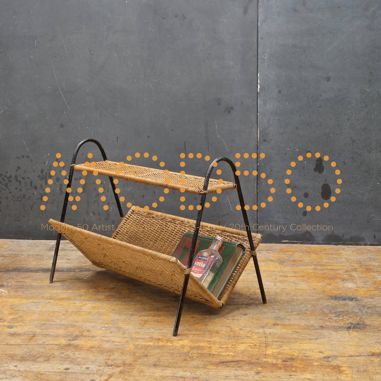 Hand-Crafted French 1950s Raoul Guys attrd. Iron Wicker Magazine Rack Book Shelf Mid-Century For Sale