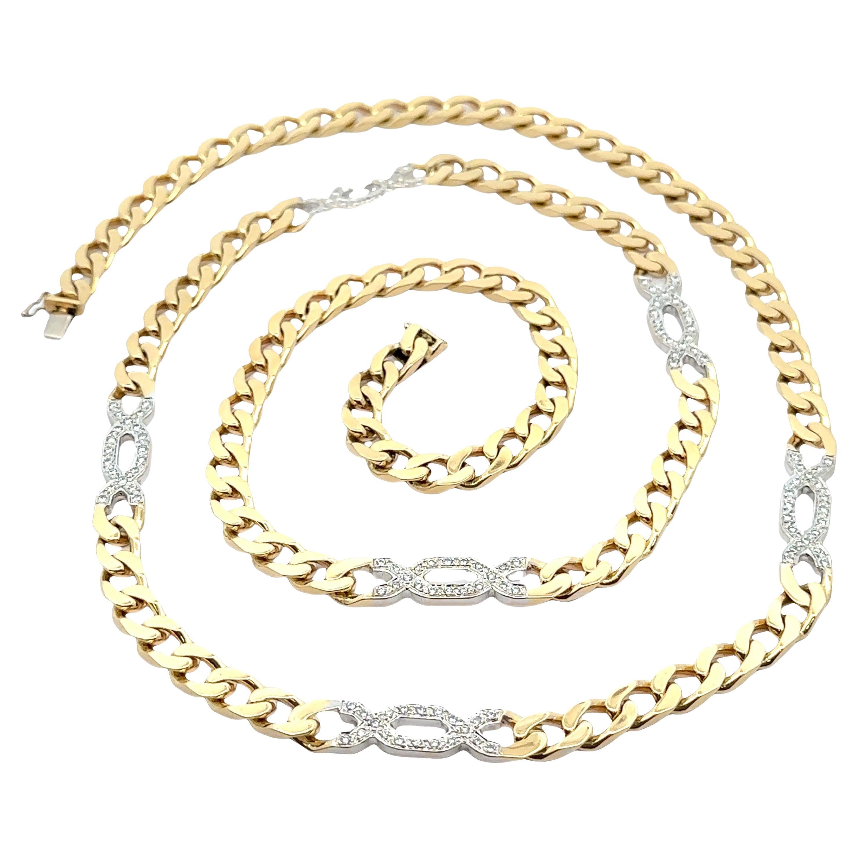 Heavy Italian 18k Yellow Gold Diamond Station 36" Long Curb Cuban Link Necklace